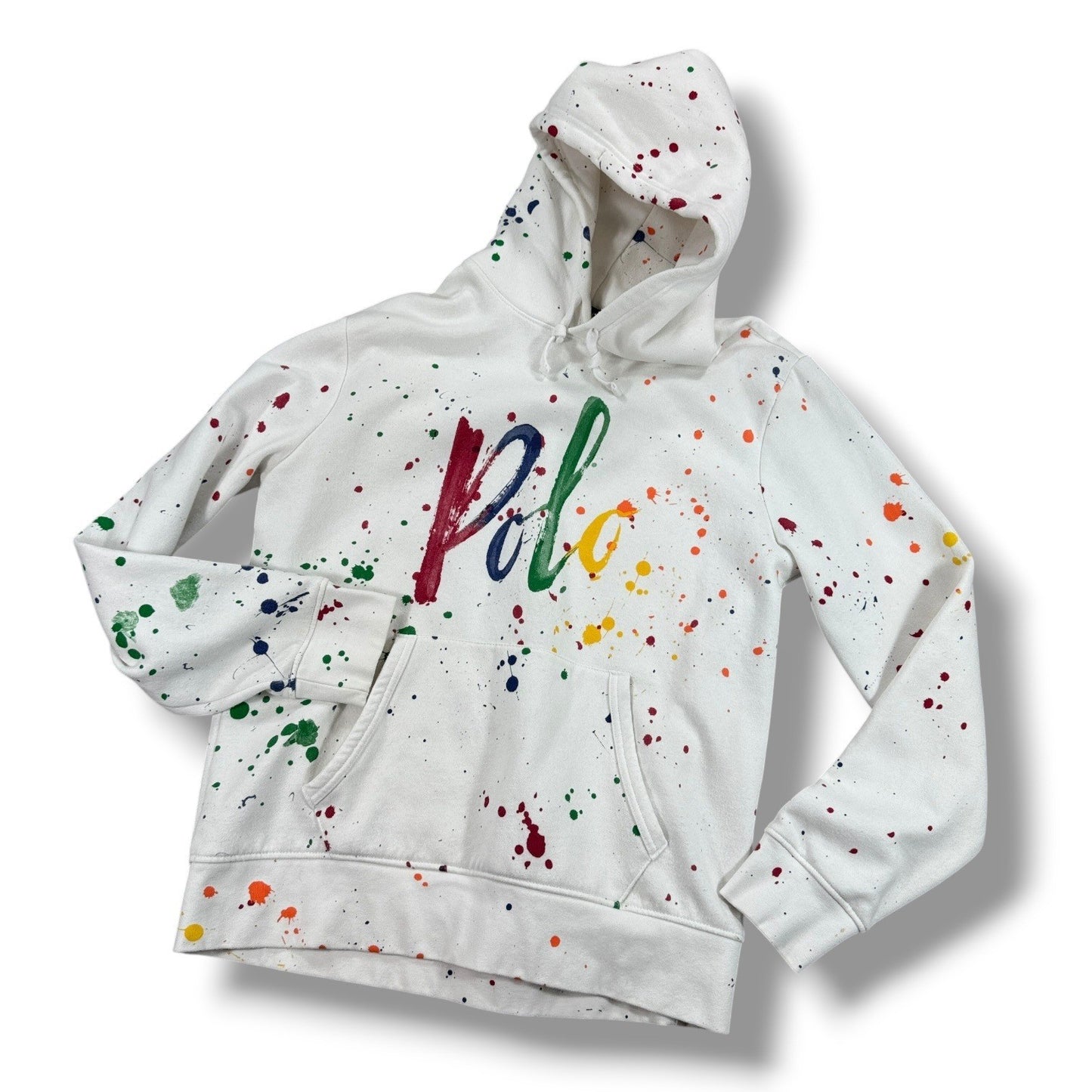 Designer Rare Polo Ralph Lauren Hoodie Men's M White Splatter Paint Sweatshirt