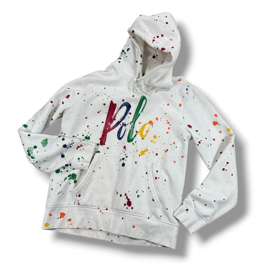 Designer Rare Polo Ralph Lauren Hoodie Men's M White Splatter Paint Sweatshirt