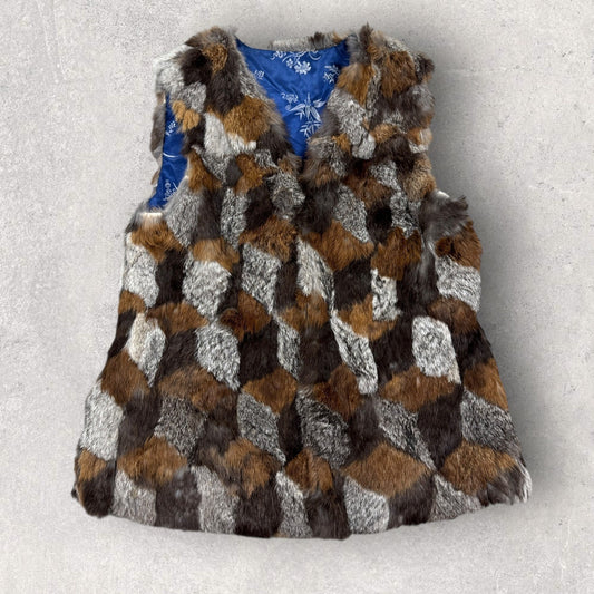 Vintage Fur Vest Womens Multi-colored Patchwork Sleeveless Blue Lining Medium