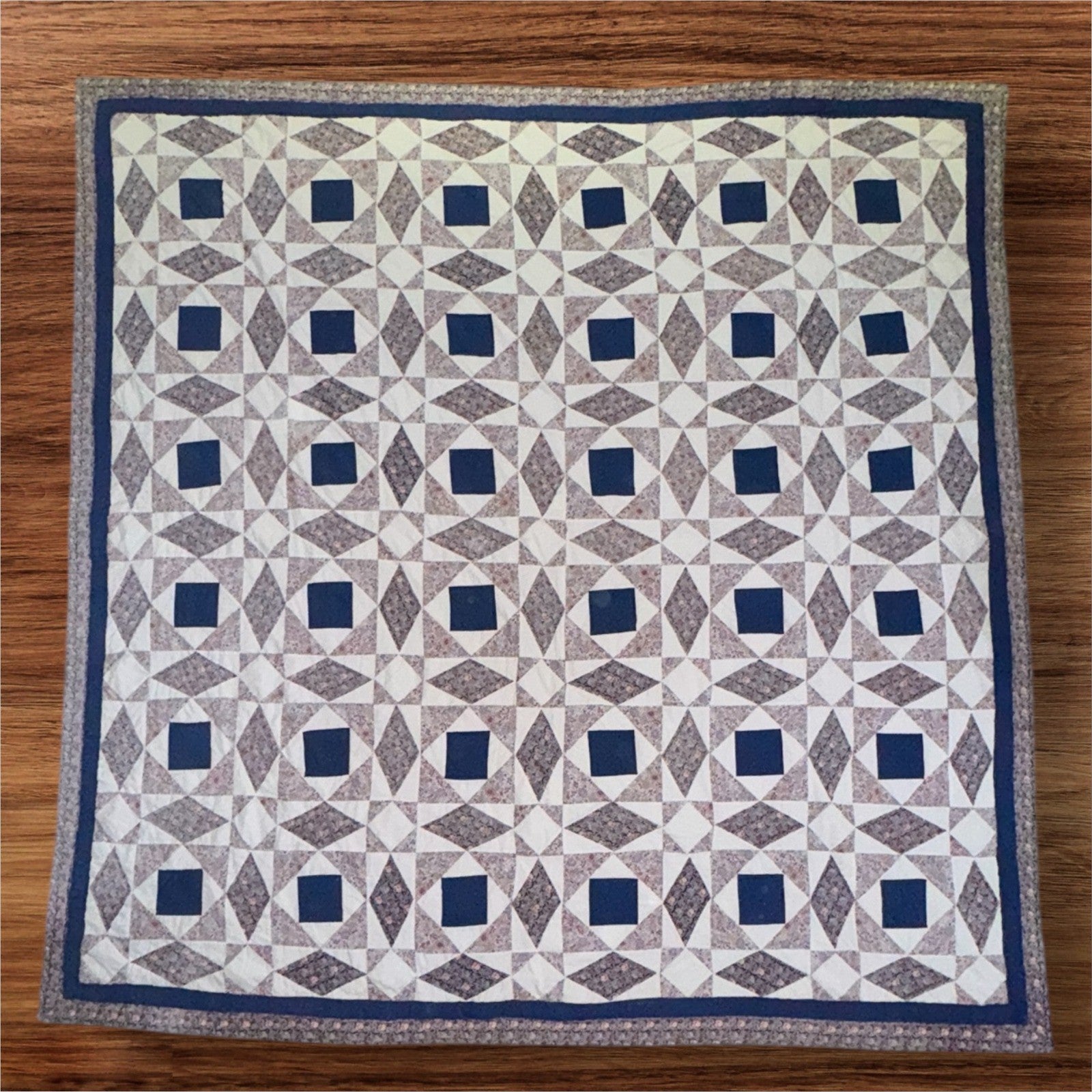 Vintage Handmade Quilt Geometric Blanket Blue White Cottage 81x81