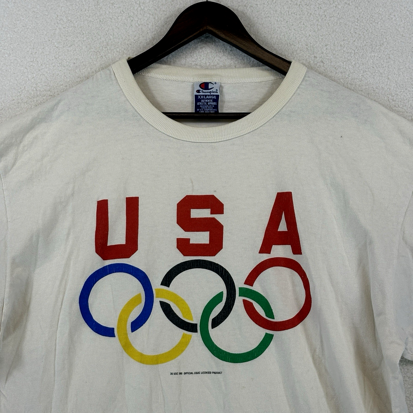 Vintage Champion USA Olympics White Shirt Men 2XL White 90s Olympic Rings