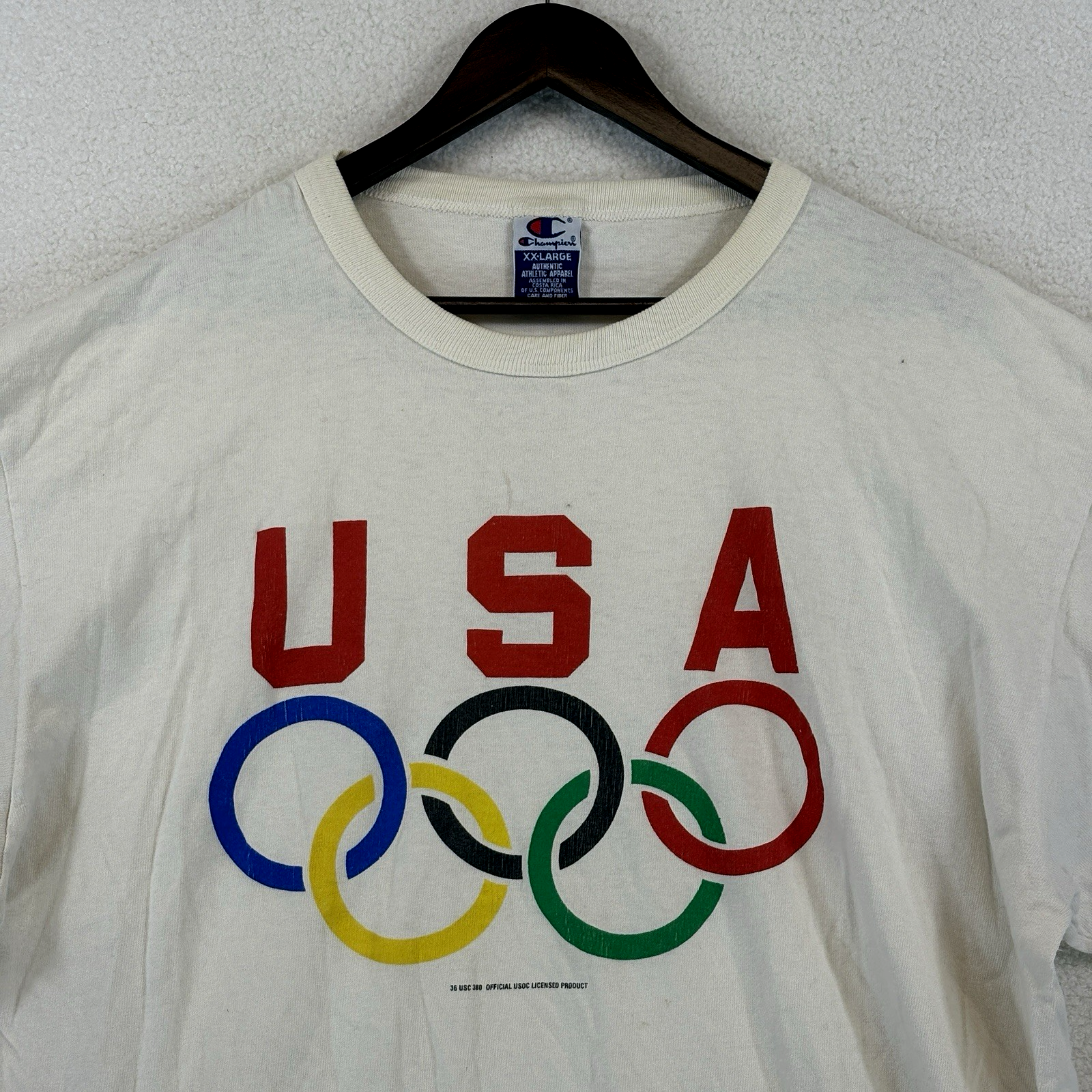 Vintage Champion USA Olympics White Shirt Men 2XL White 90s Olympic Rings