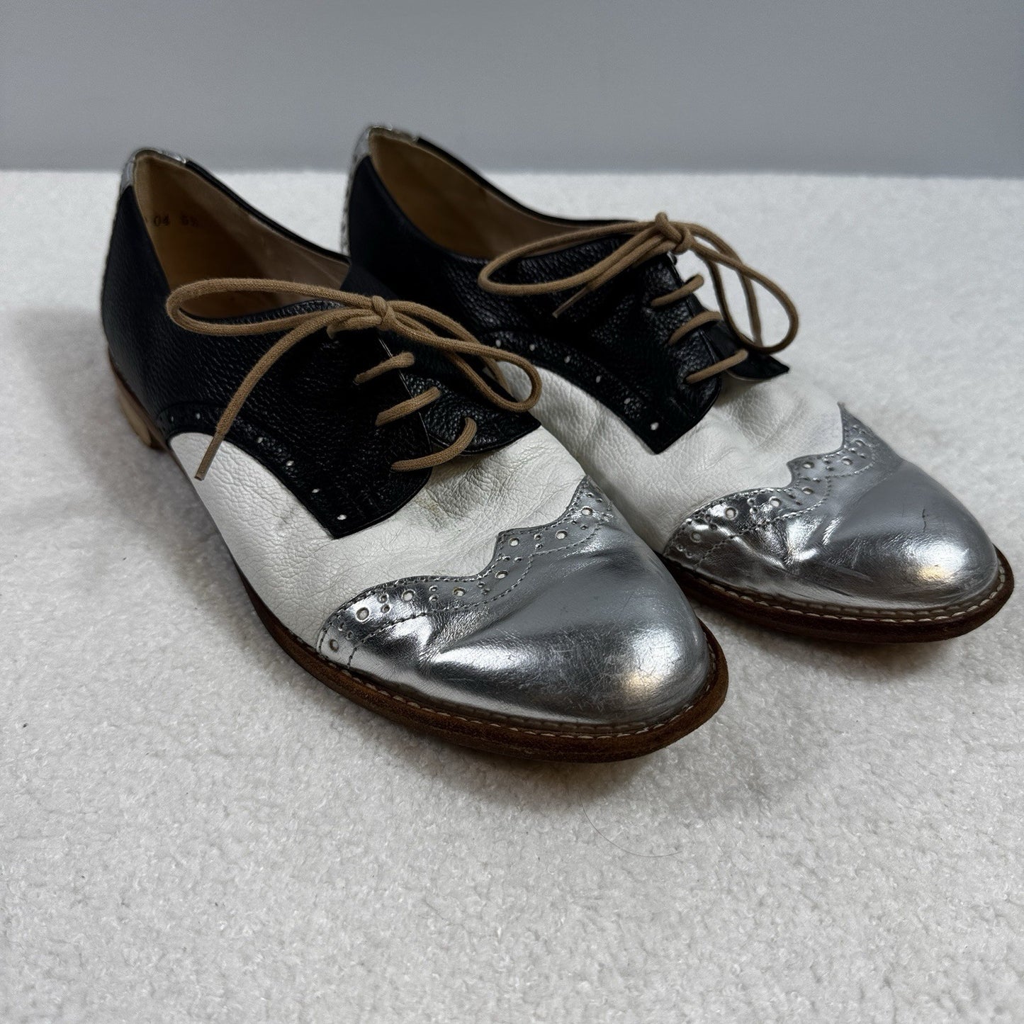 Peter Kaiser Lace Up Shoes Womens Size 5.5 Black Silver Elegant Leather Loafer