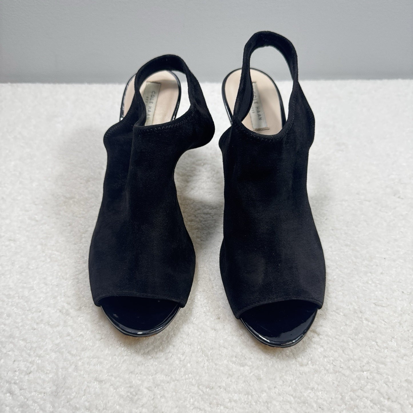 Cole Haan Nene Heels Womens Sz 7.5 Black Suede Peep Toe Sandal Shoes Sling Back