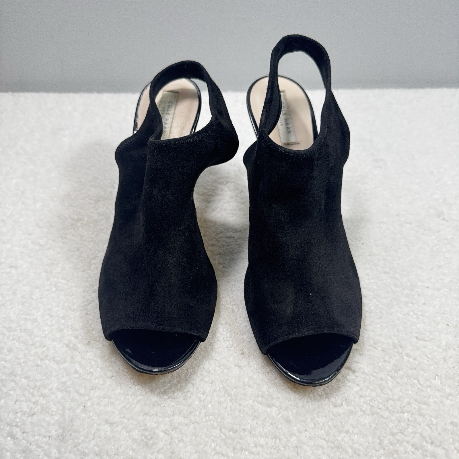 Cole Haan Nene Heels Womens Sz 7.5 Black Suede Peep Toe Sandal Shoes Sling Back