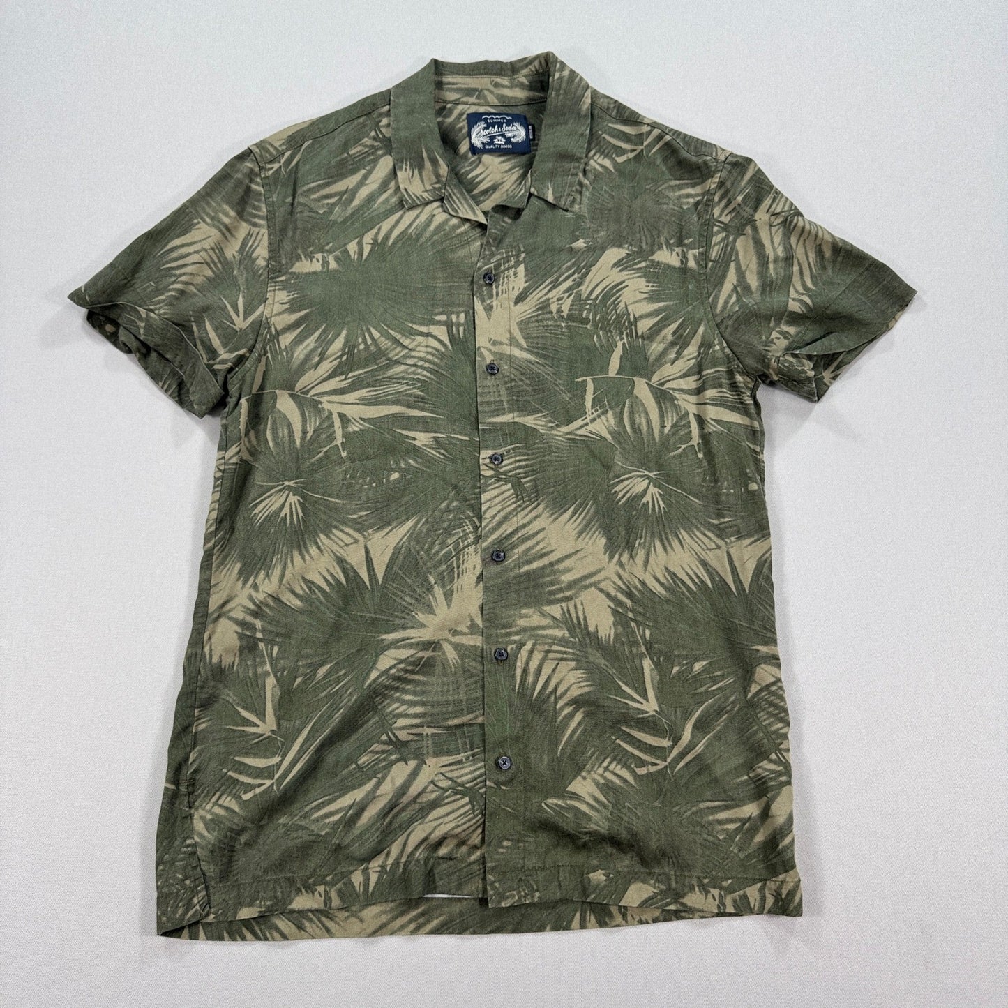 Scotch & Soda Polo Shirt mens Small Green Palm Print Button Down Regular Fit