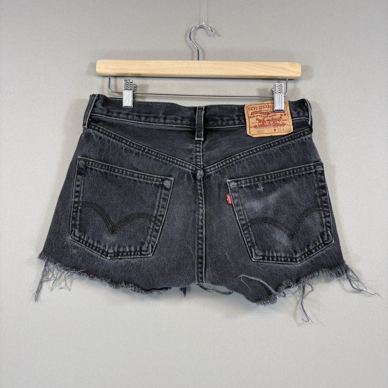 Vintage Petros Levis 501 Denim Shorts Black Distressed Womens 31x32 Made In USA