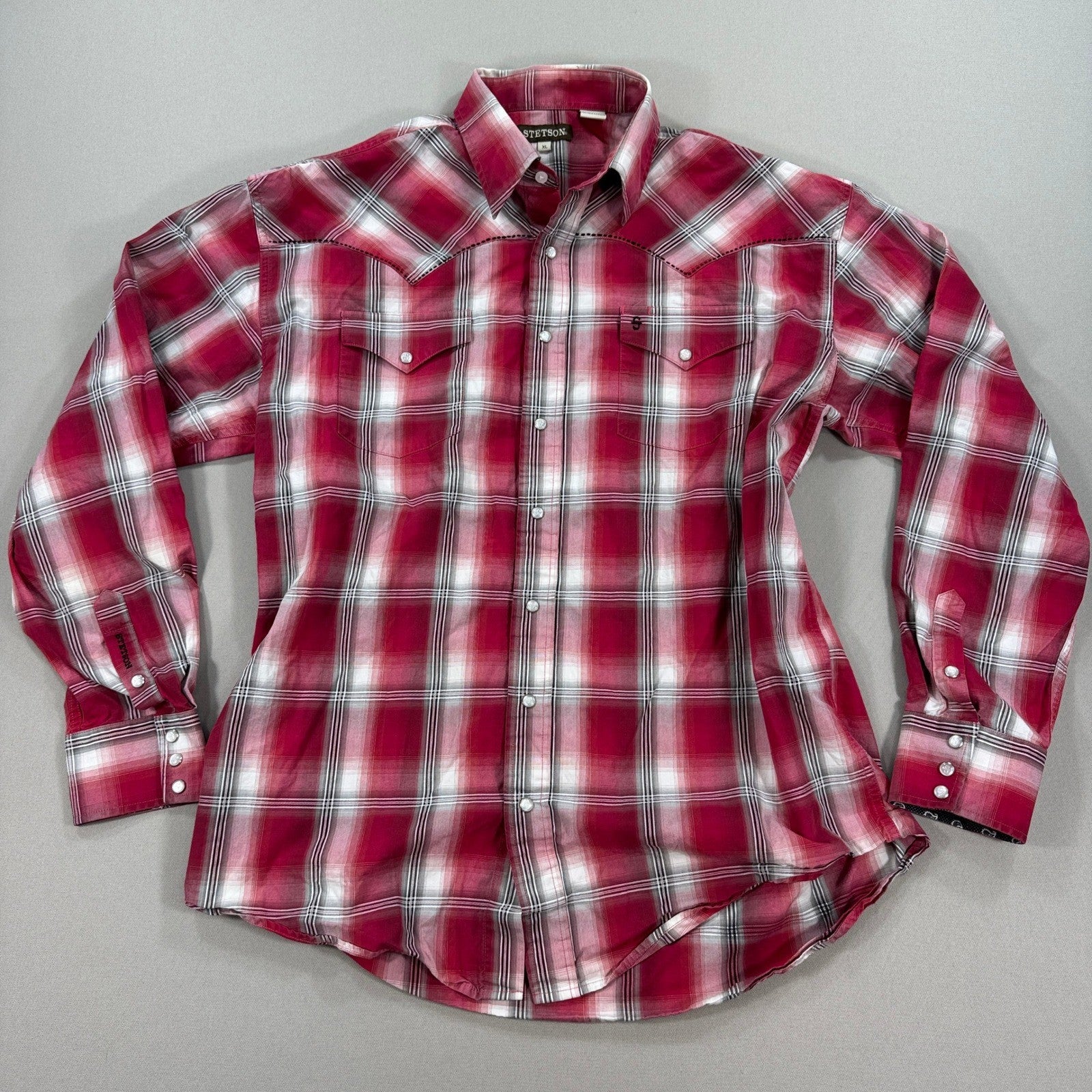 Stetson Shirt Mens XL Red Blue Plaid Western Pearl Snap Cowboy Rodeo Country