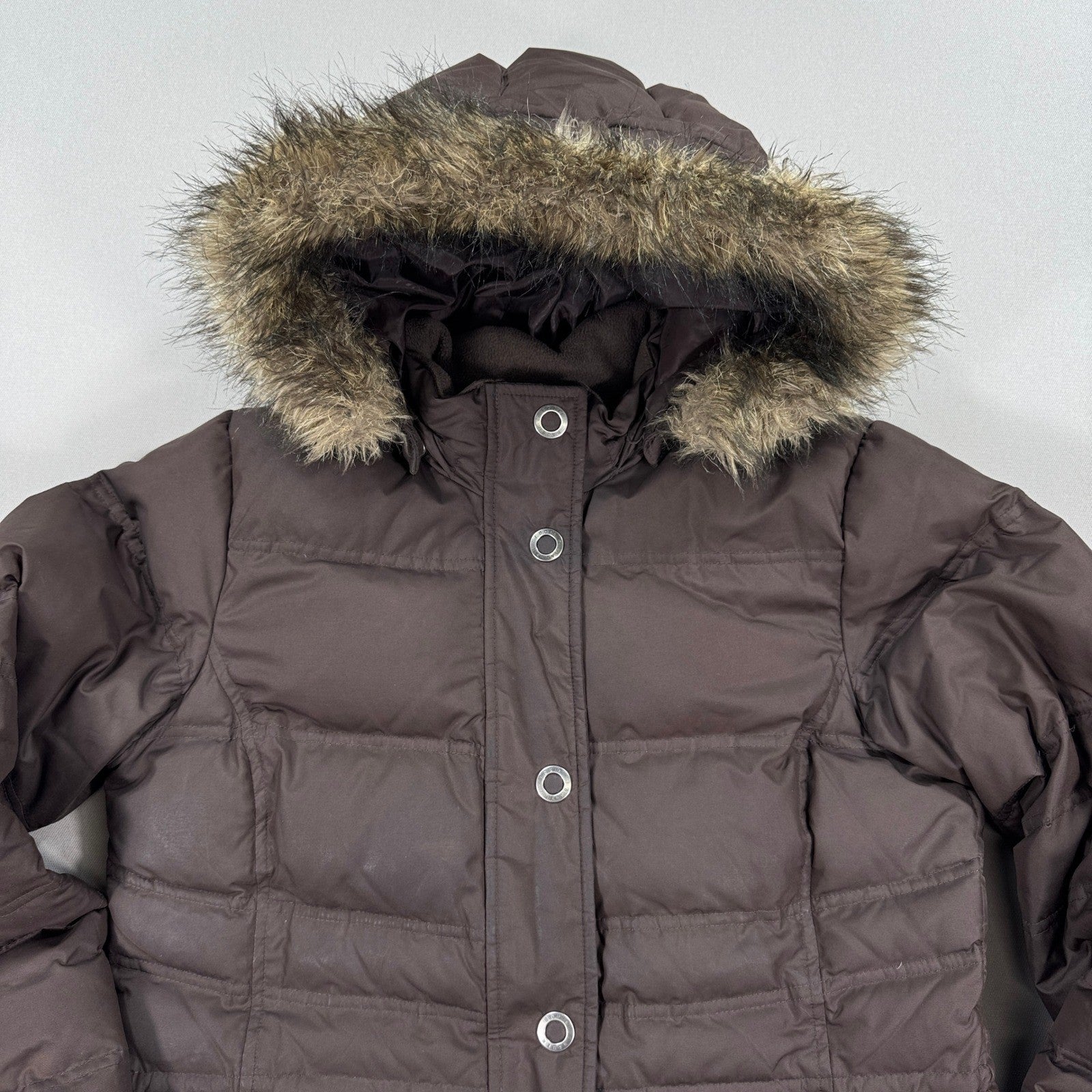 Eddie Bauer Goose Down Womens Coat Medium Fur Hood Cozy Zip & Snap Buttons