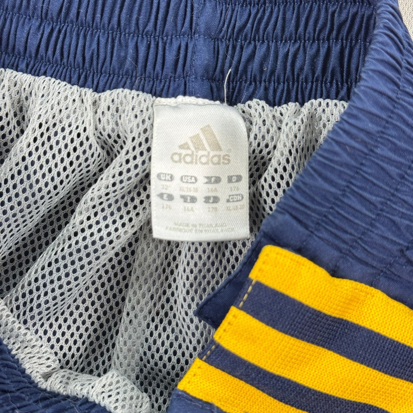 VTG Adidas Track Pants Snap Button Sides Zip Pocket Youth XL Blue Yellow Trefoil