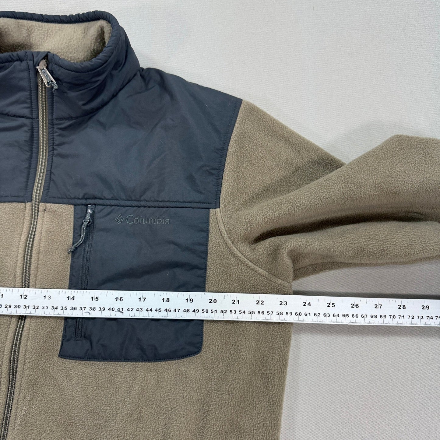 Columbia Fleece Jacket mens Large Brown Full Zip Mock Neck Patch Zipped Pockets