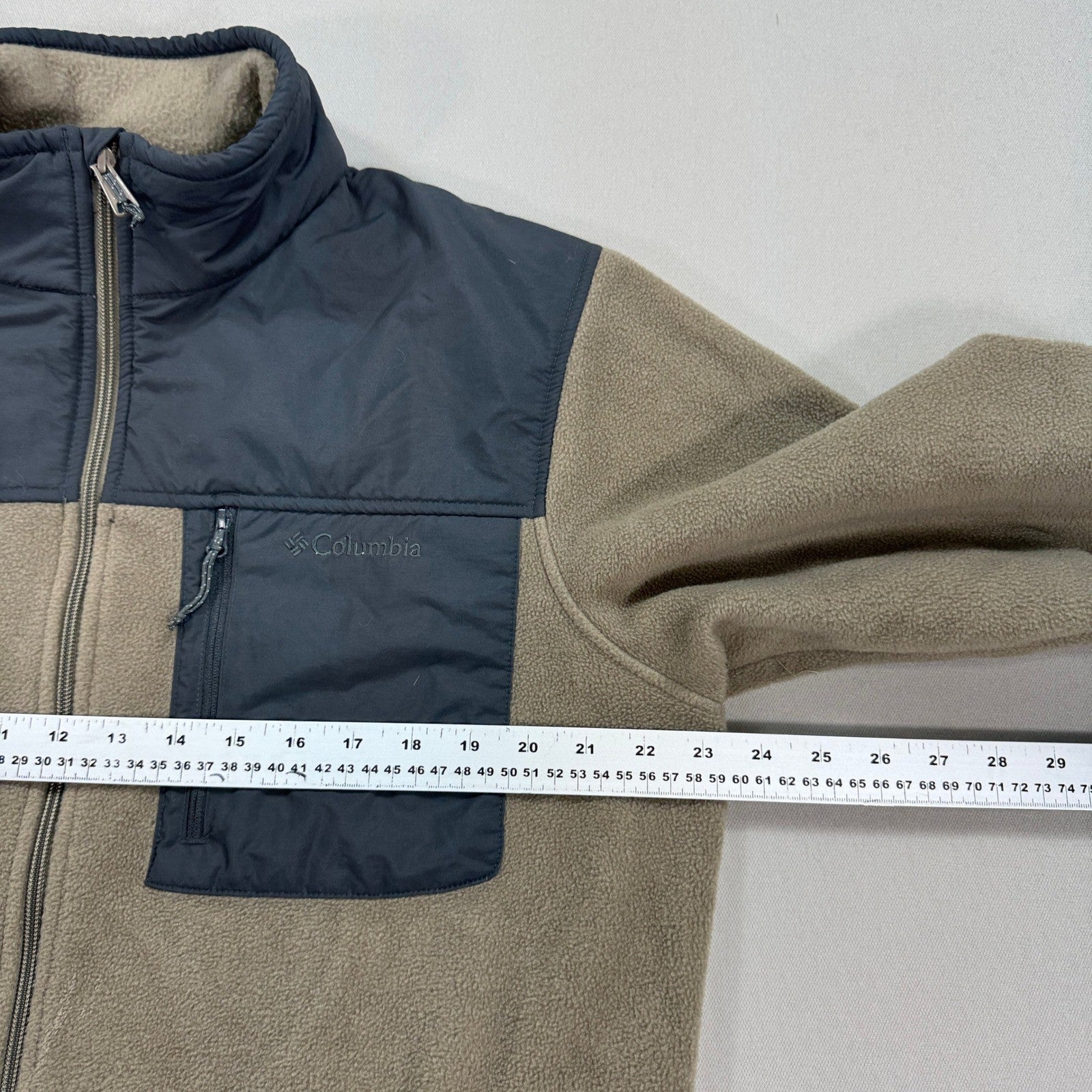 Columbia Fleece Jacket mens Large Brown Full Zip Mock Neck Patch Zipped Pockets