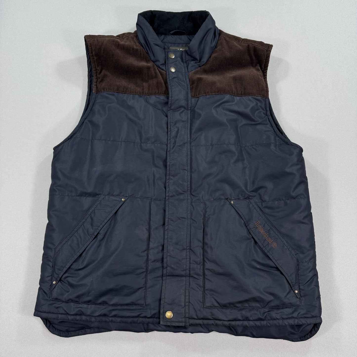 Timberland Vest Puffer Jacket Mens Large Full Zip Black With Brown Corduroy
