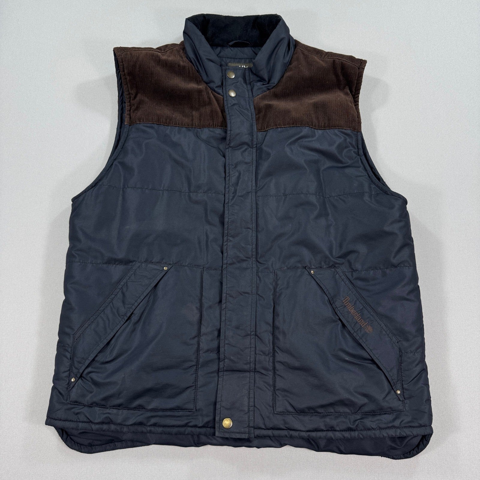 Timberland Vest Puffer Jacket Mens Large Full Zip Black With Brown Corduroy