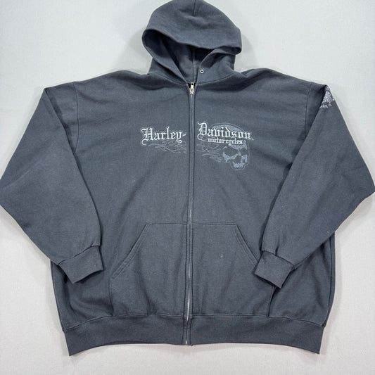 Y2K Harley Davidson Sweatshirt Daytona Skull Graphic Mens 2XL Zip Up Hoodie