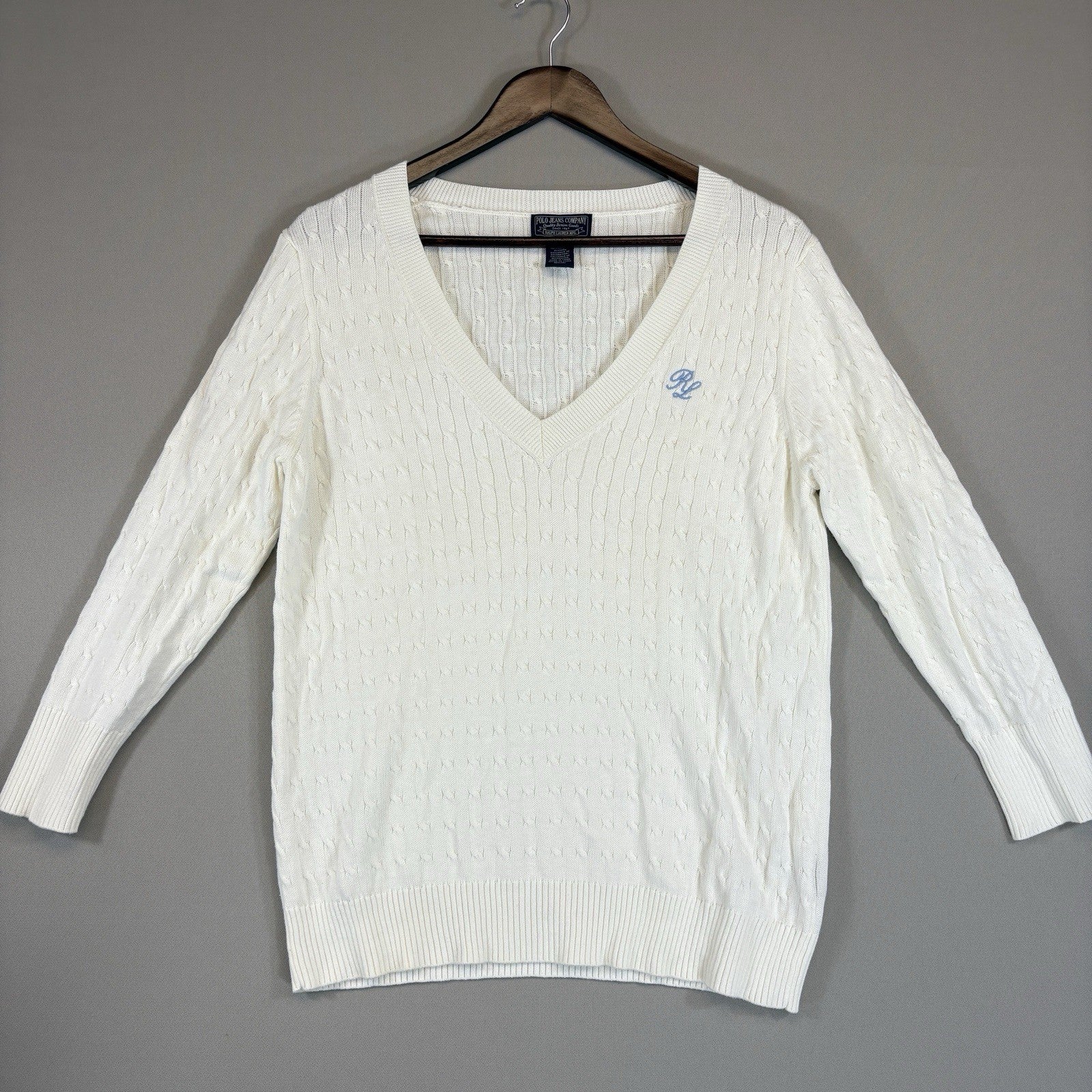 Ralph Lauren Polo Jeans Co Womens XL Sweater V Neck Cable Knit RL Logo
