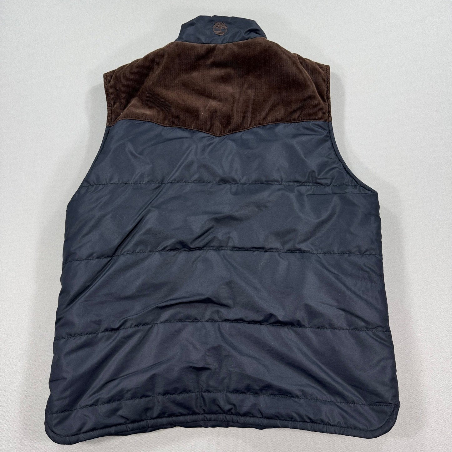 Timberland Vest Puffer Jacket Mens Large Full Zip Black With Brown Corduroy