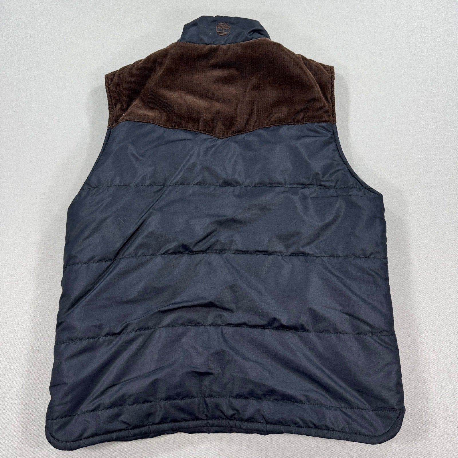 Timberland Vest Puffer Jacket Mens Large Full Zip Black With Brown Corduroy
