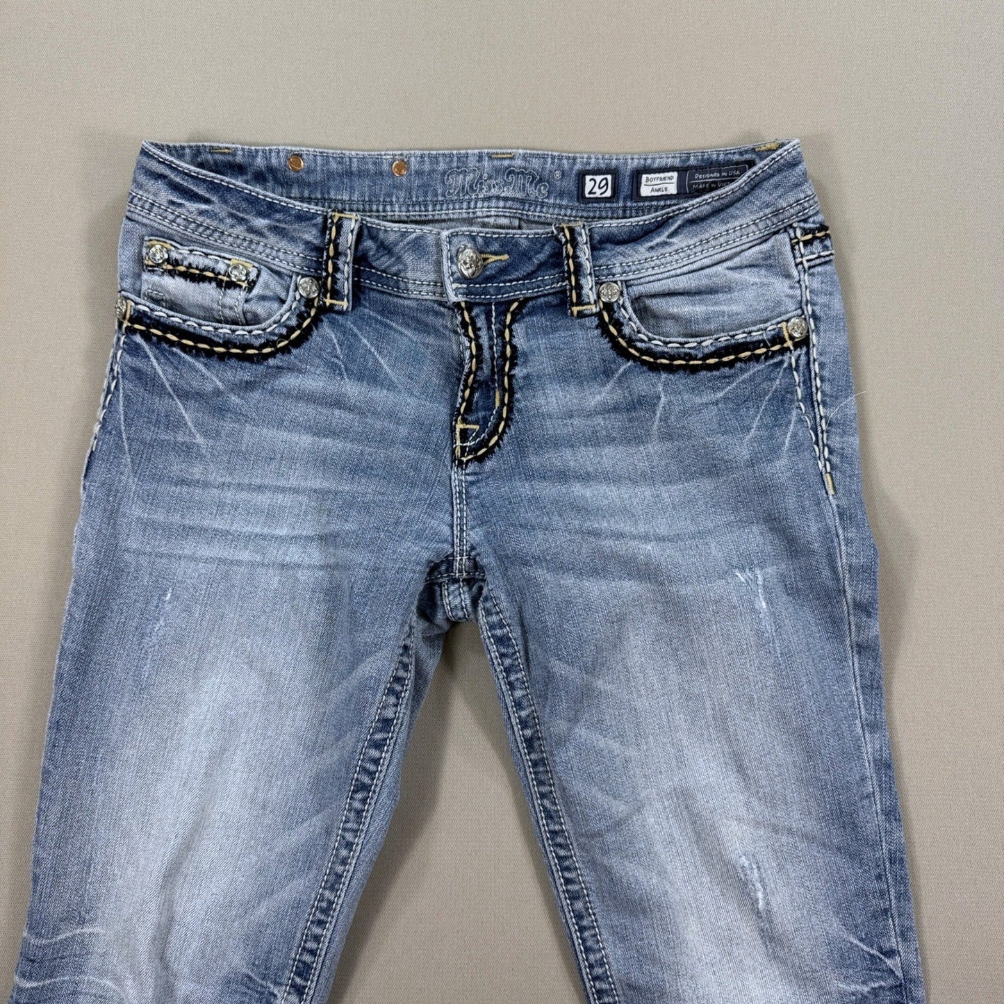 Miss Me Jeans Womens 32x30 Straight Blue Denim Embellished Pockets Distressed