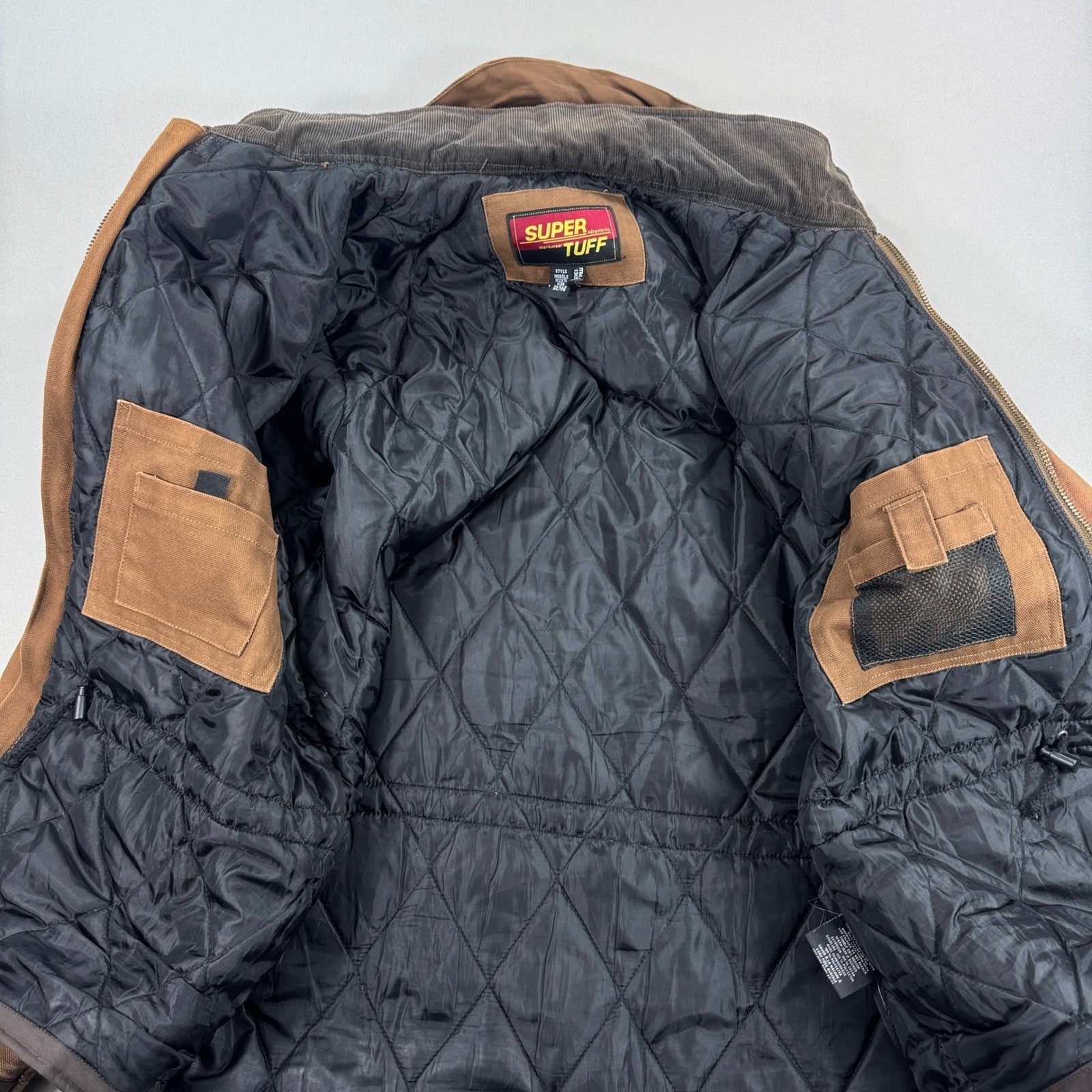 Super Tuff Work Jacket Men's XL Brown Duck Canvas Quilted Hooded Barn Coat Lined