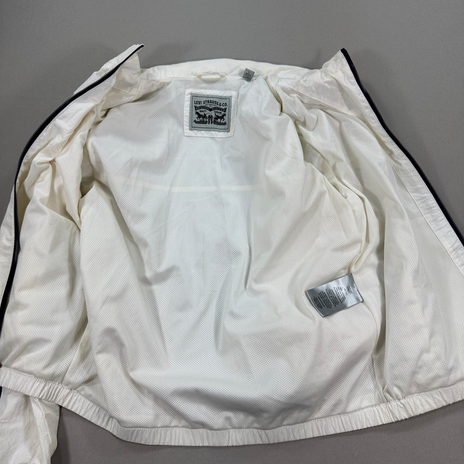 Levi's Retro Varsity Jacket Mens Large White Full Zip Spell Out Logo Sleeve Logo