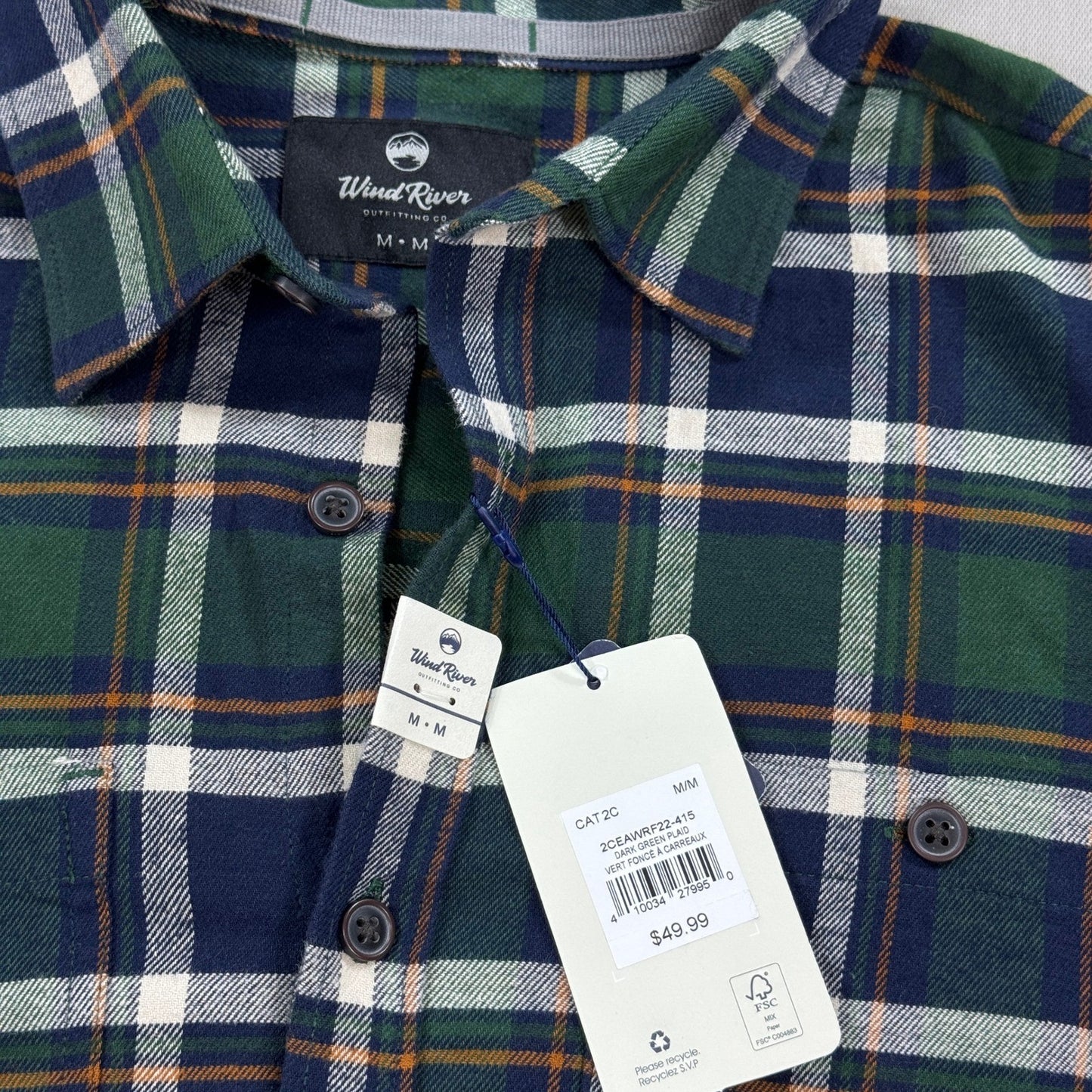 NWT Wind River Outfitters Mens Medium Flannel Shirt Plaid Button Down Green Blue