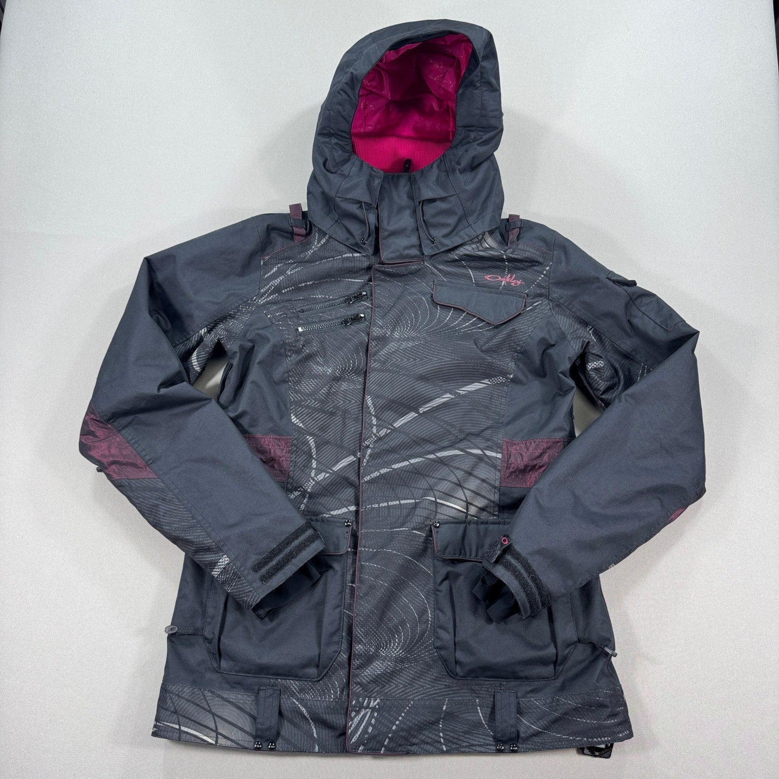 Oakley Snowboard Coat Anorak Fit Hooded Womens Large Gray Pink Insulated