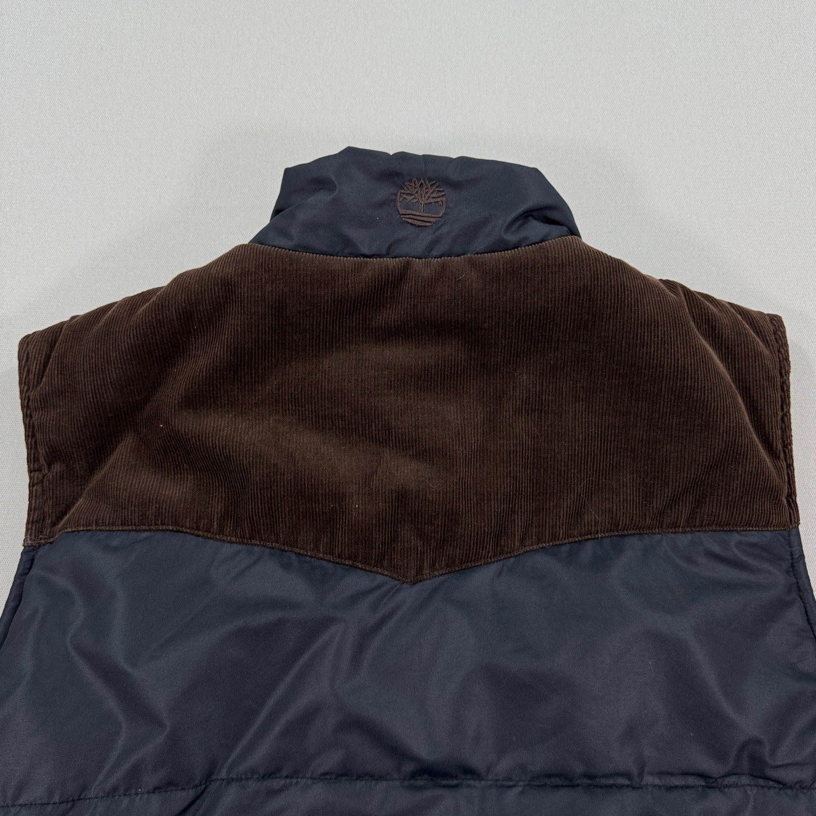 Timberland Vest Puffer Jacket Mens Large Full Zip Black With Brown Corduroy