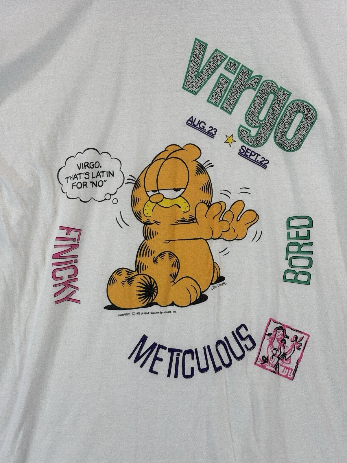 Vintage Garfield Virgo Jim Davis White Graphic Shirt Womens Medium Made in USA