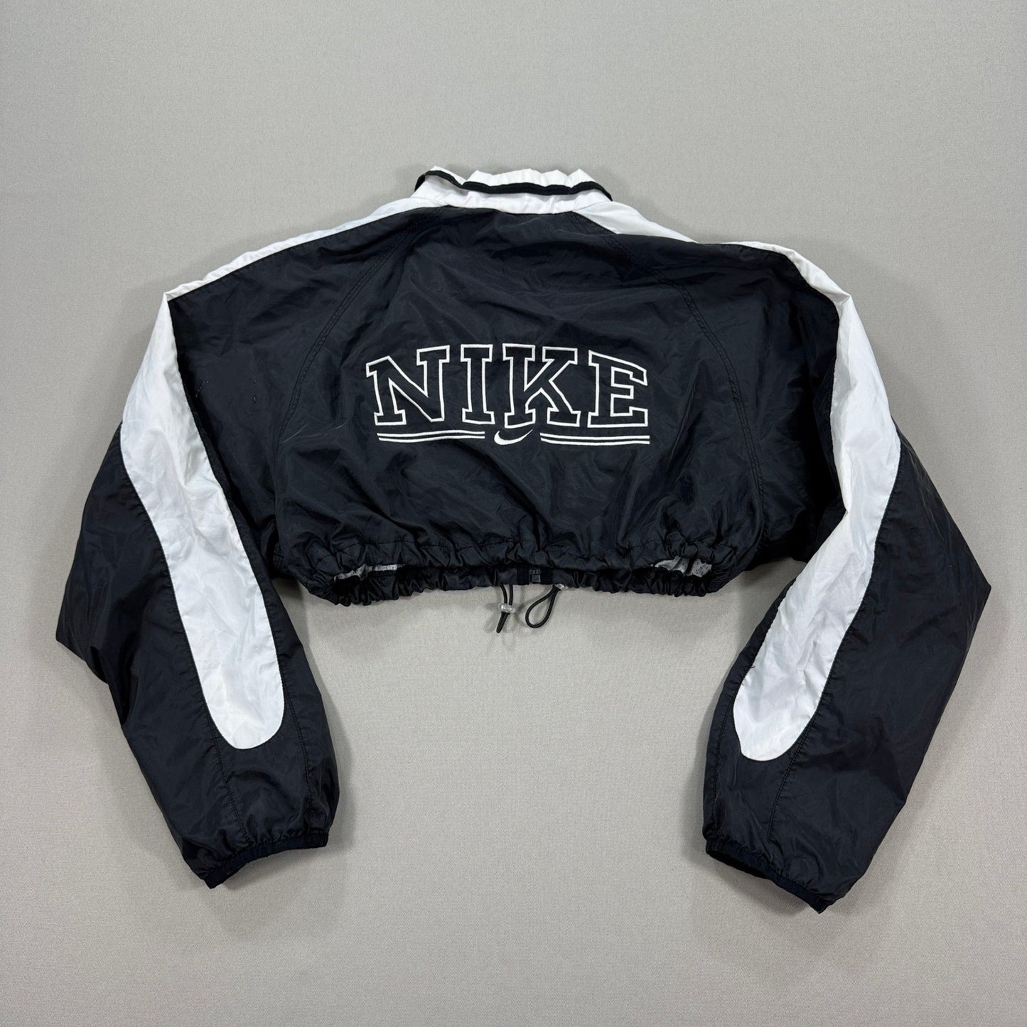 Vintage 90s Nike Cropped Jacket Womens Large Back Spell Out Black Full Zip