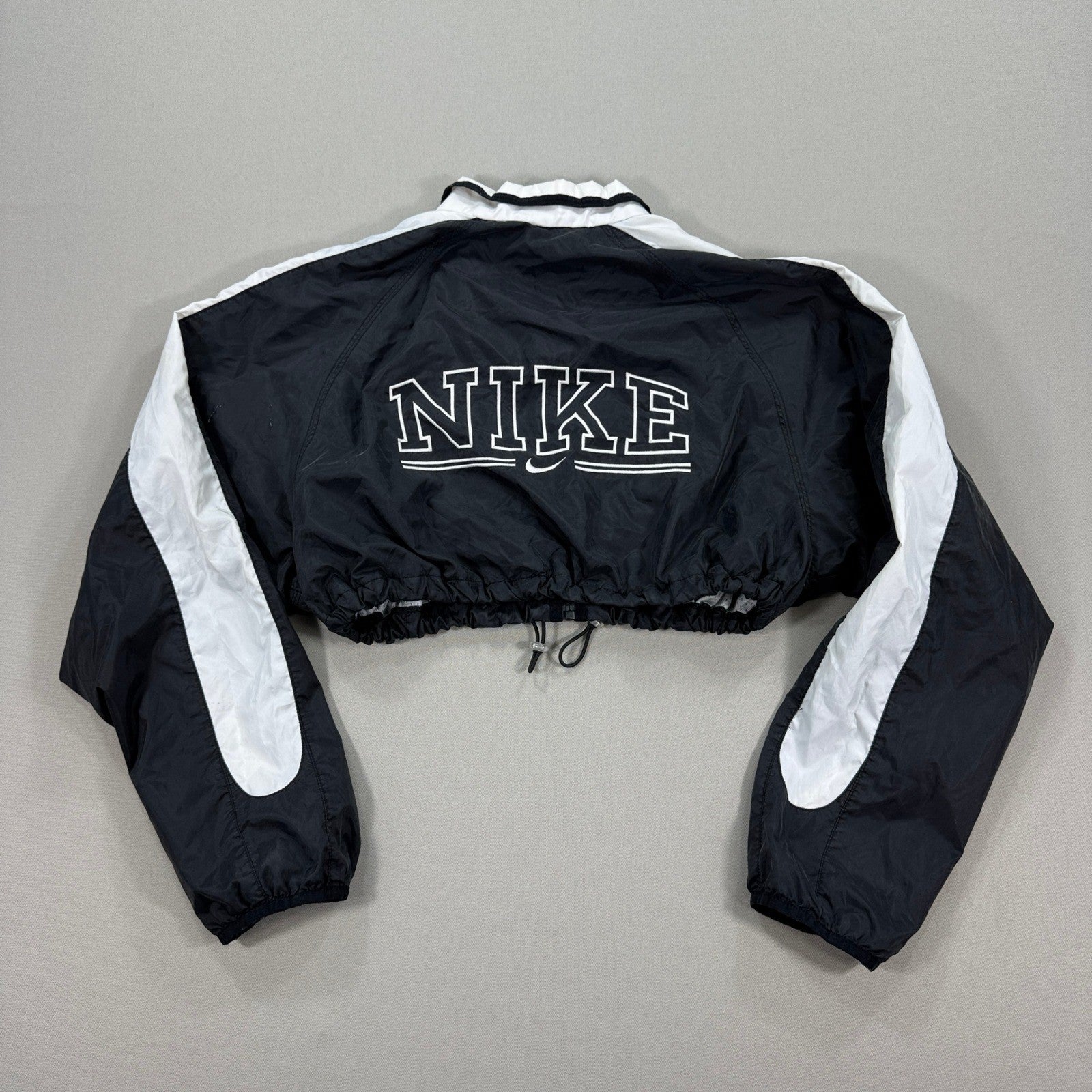 Vintage 90s Nike Cropped Jacket Womens Large Back Spell Out Black Full Zip