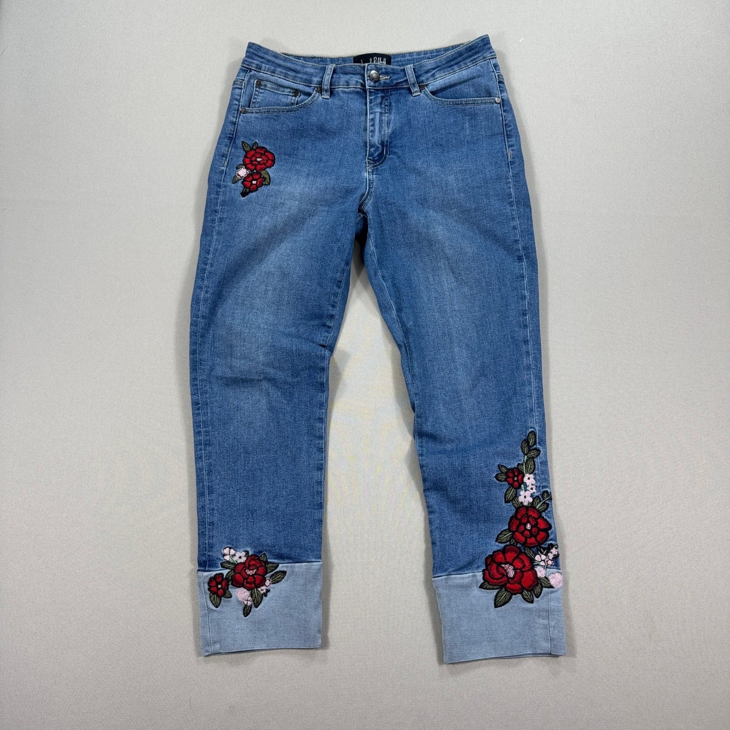 Joseph Ribkoff Jeans Embroidered Floral Womens Size 14 Blue Denim Cropped Cuff