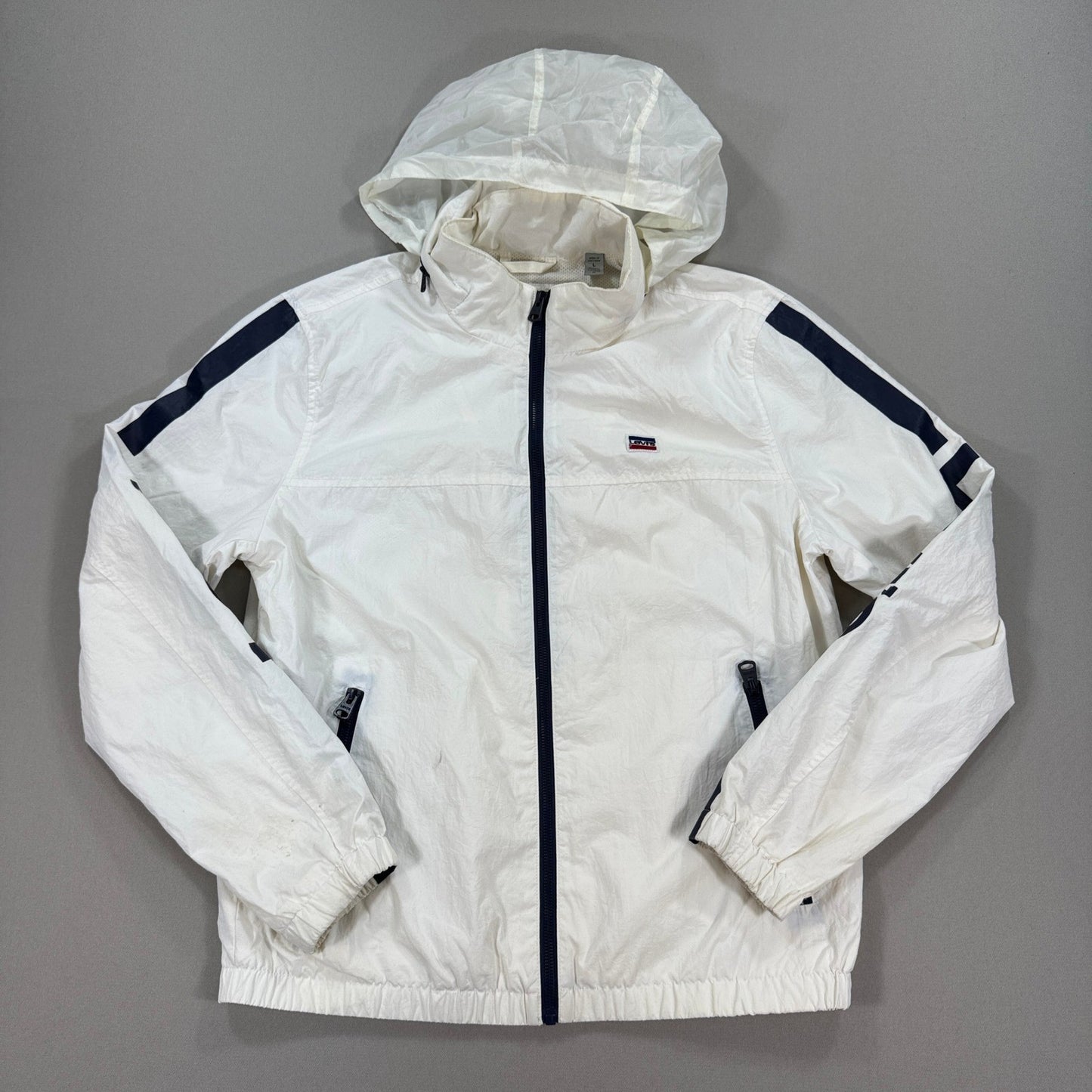 Levi's Retro Varsity Jacket Mens Large White Full Zip Spell Out Logo Sleeve Logo