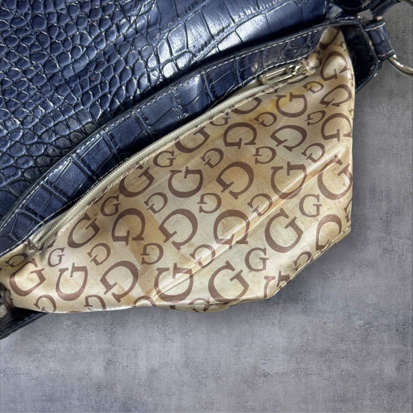 Guess Baguette Shoulder Bag Blue Croc Embossed Stud Detail Large Logo