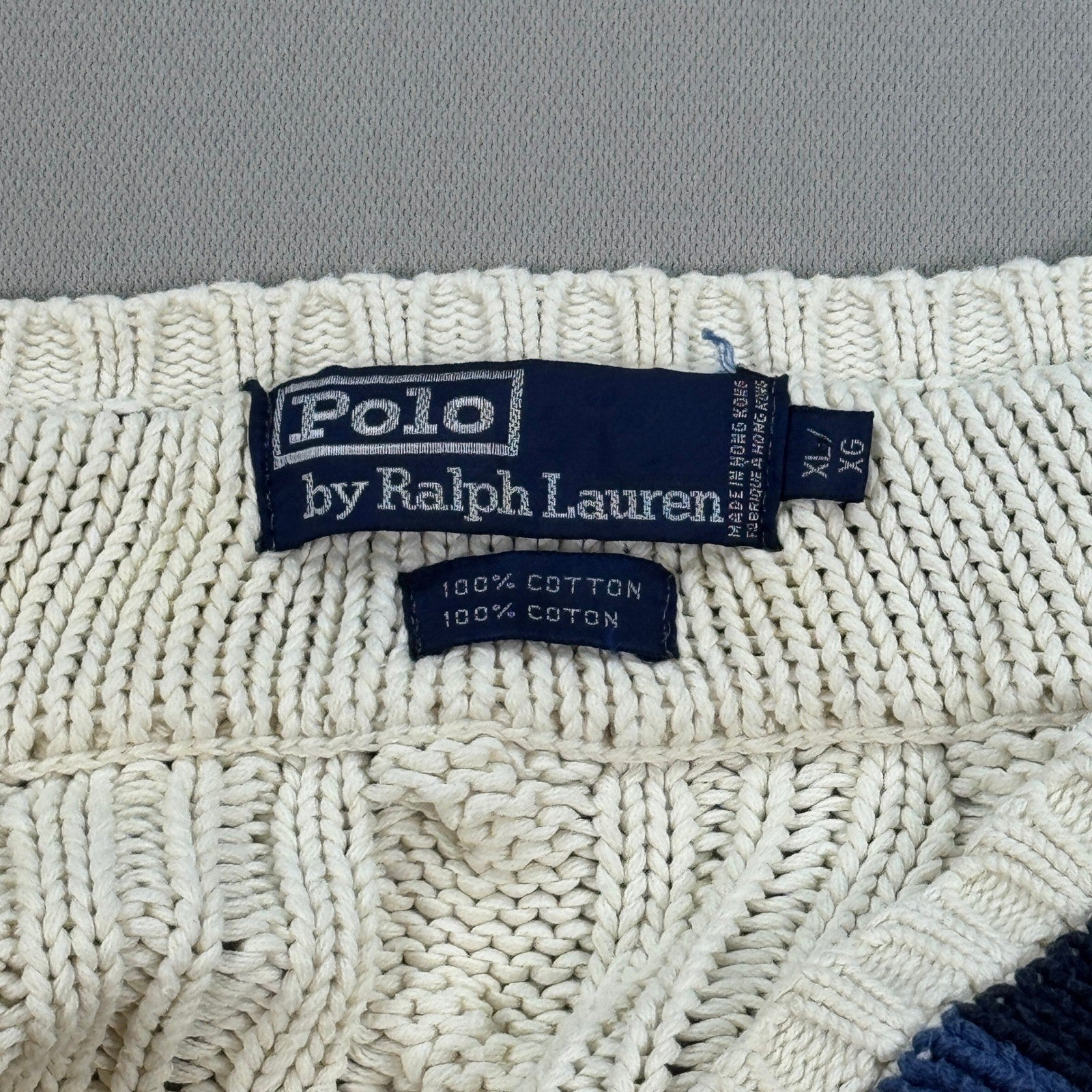 VTG Polo Ralph Lauren Cable Knit Cricket Sweater Cream Blue Yellow Trim mens XL