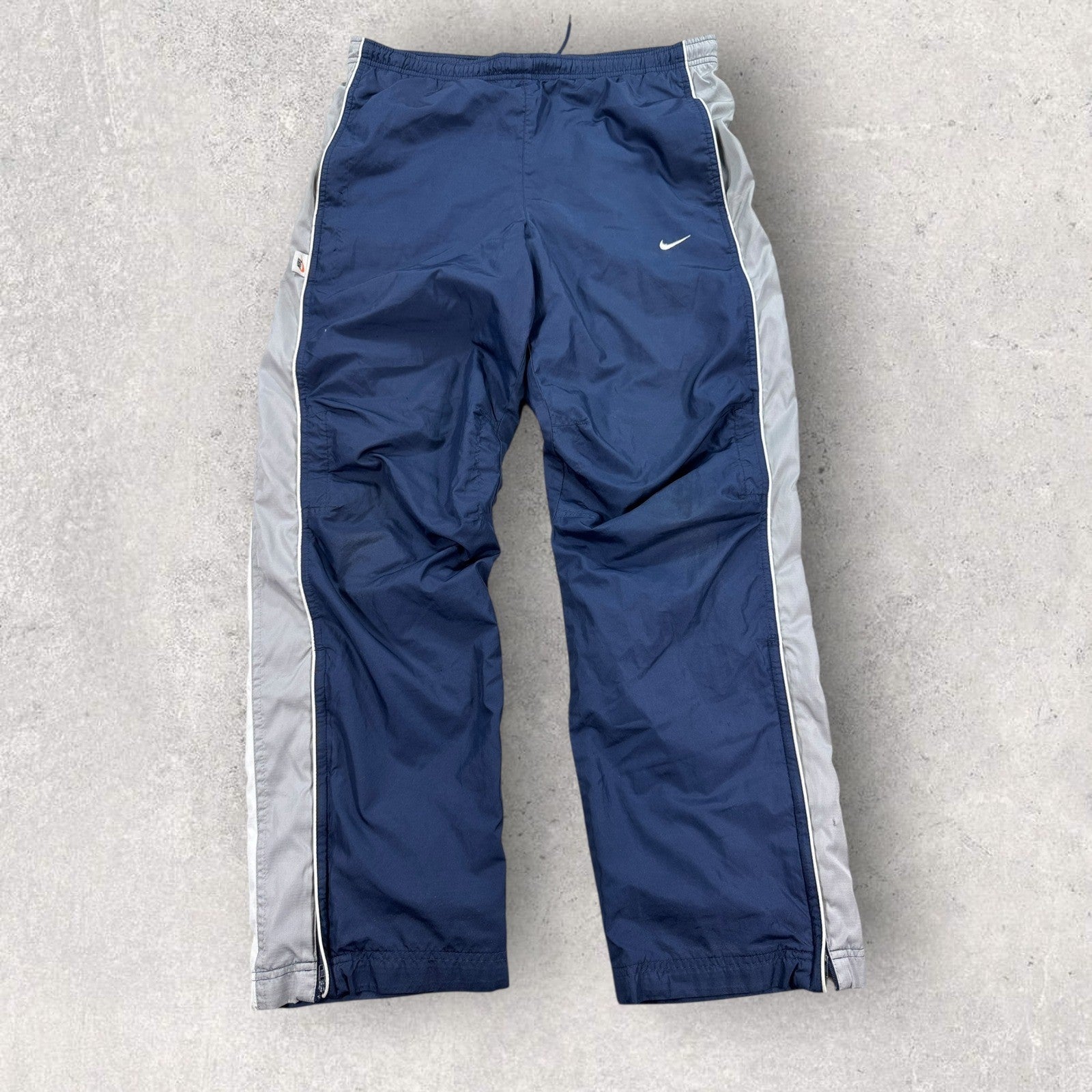 Vintage Nike Track Pants mens Small Navy Blue Gray Lined Ankle Zip Windbreaker