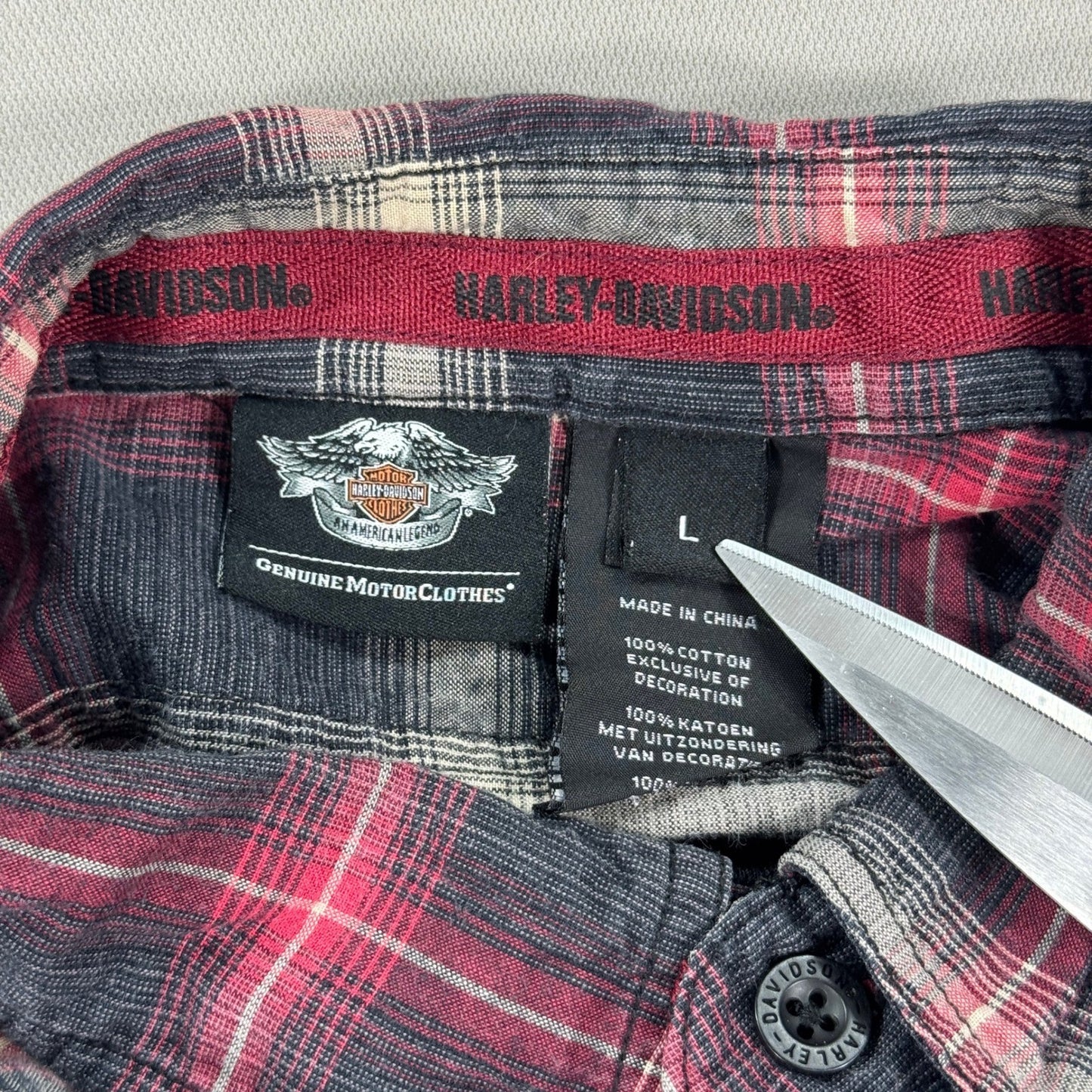 Harley Davidson Shirt Mens Large Gray Red Plaid Button Down Embroidered Spellout