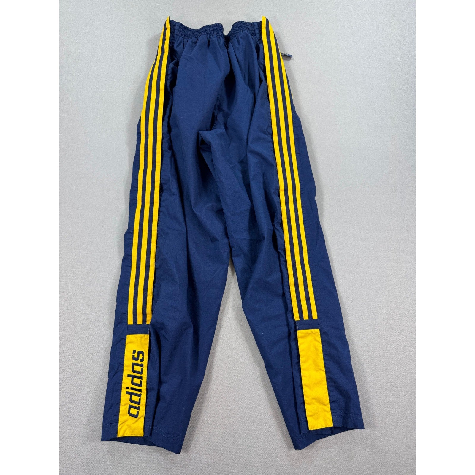 VTG Adidas Track Pants Snap Button Sides Zip Pocket Youth XL Blue Yellow Trefoil