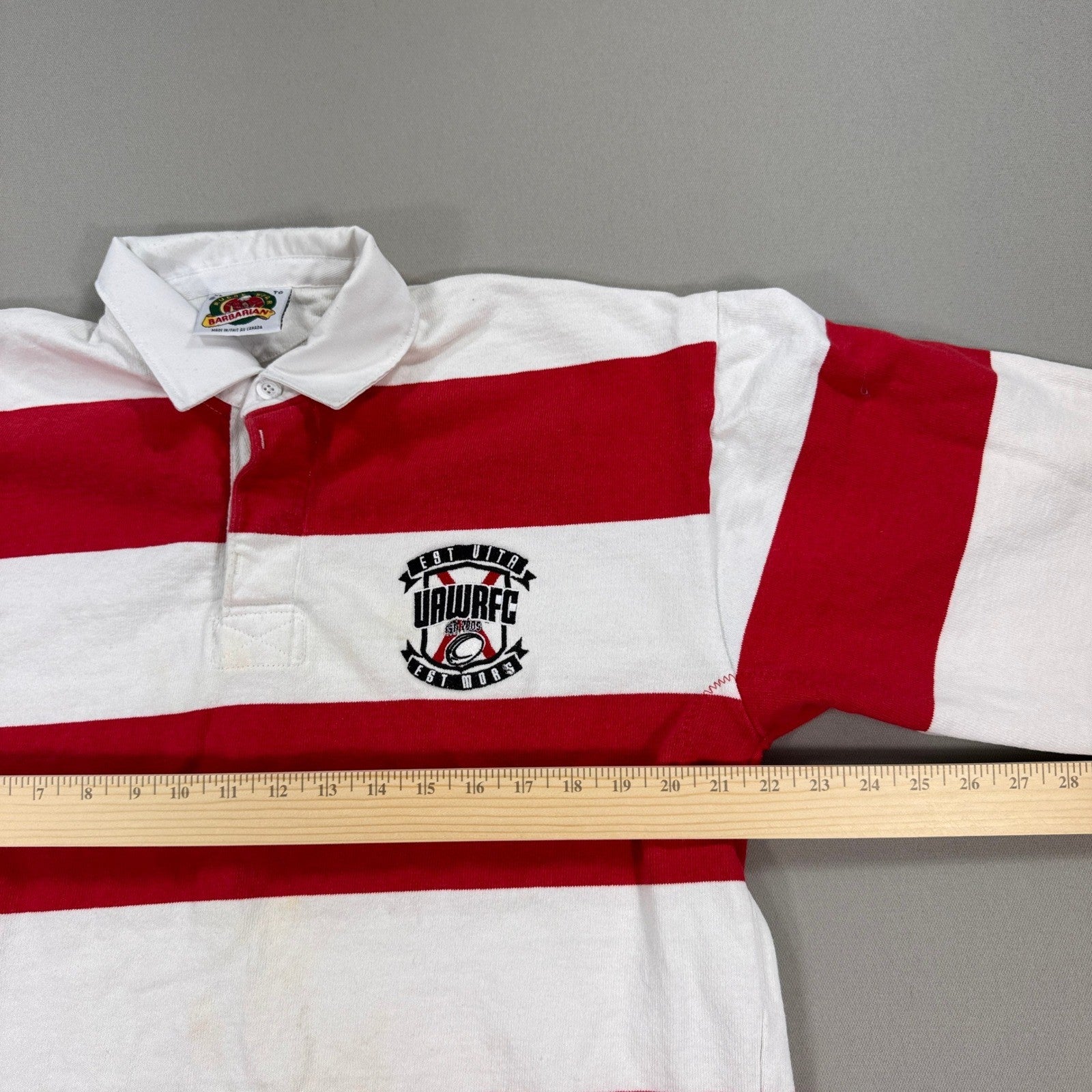 Vintage Barbarian Rugby Polo Shirt UAWRFC Crest Mens XL Red White Striped Canada
