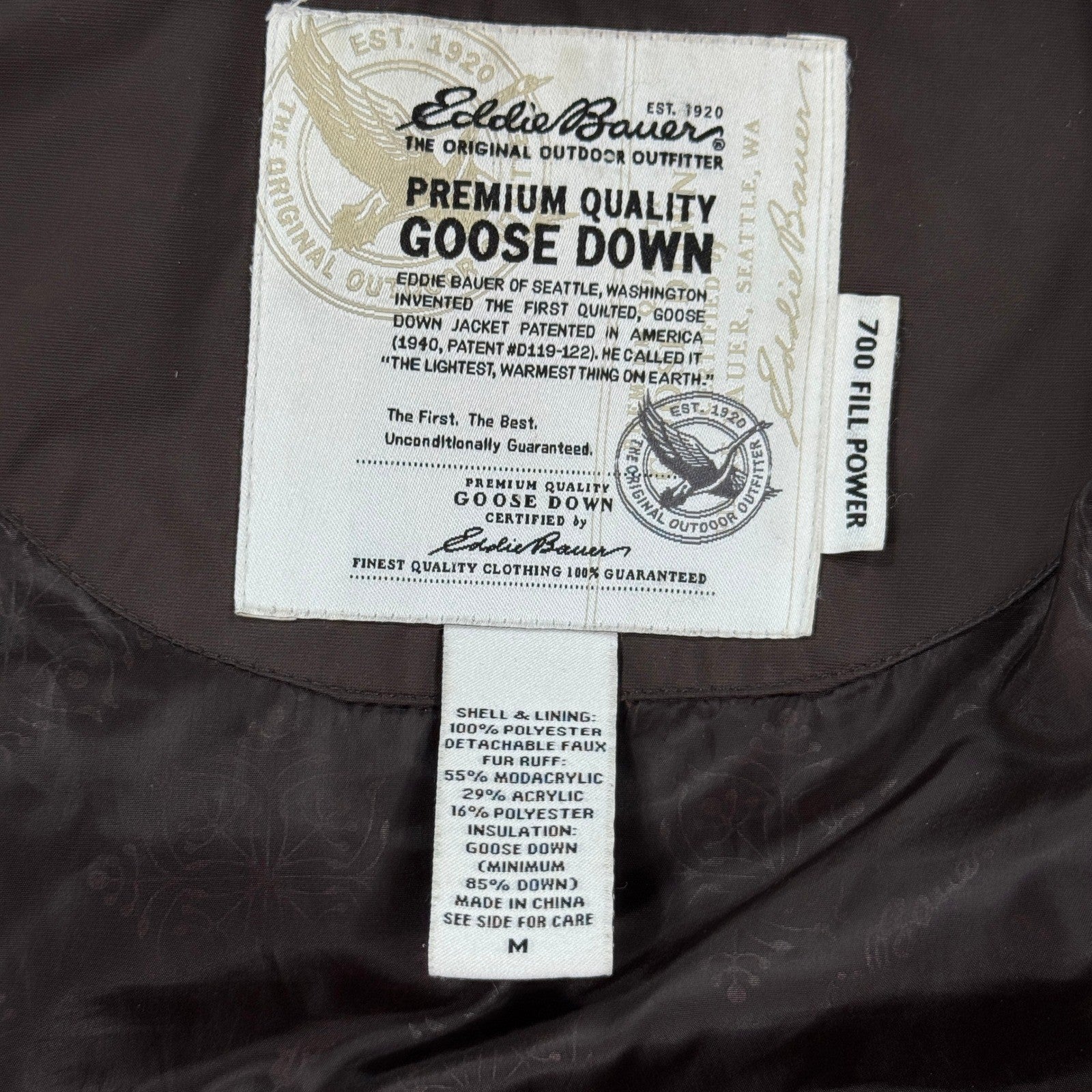 Eddie Bauer Goose Down Womens Coat Medium Fur Hood Cozy Zip & Snap Buttons