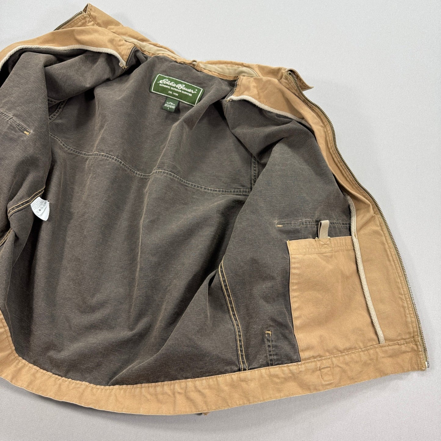 Eddie Bauer Canvas Work Jacket mens Large Brown Zip Up Barn Field Coat Workwear