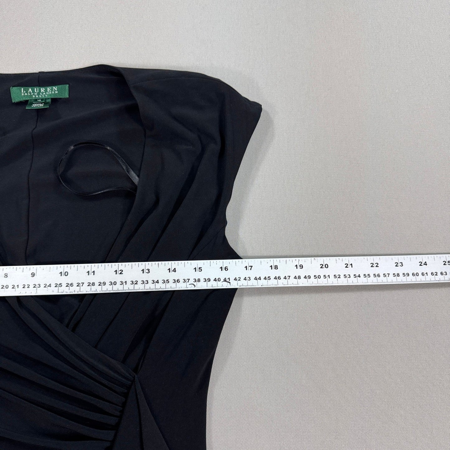 Lauren Ralph Lauren Ruched Midi Sheath Dress Black Ruffled Formal Sz 10