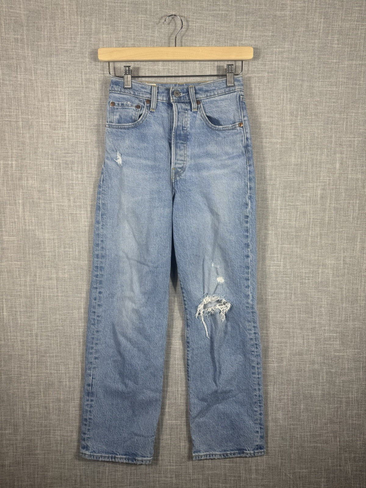 Levis Vintage Jeans Womens W24L27 Big E Ribcage Straight Distressed Light Wash