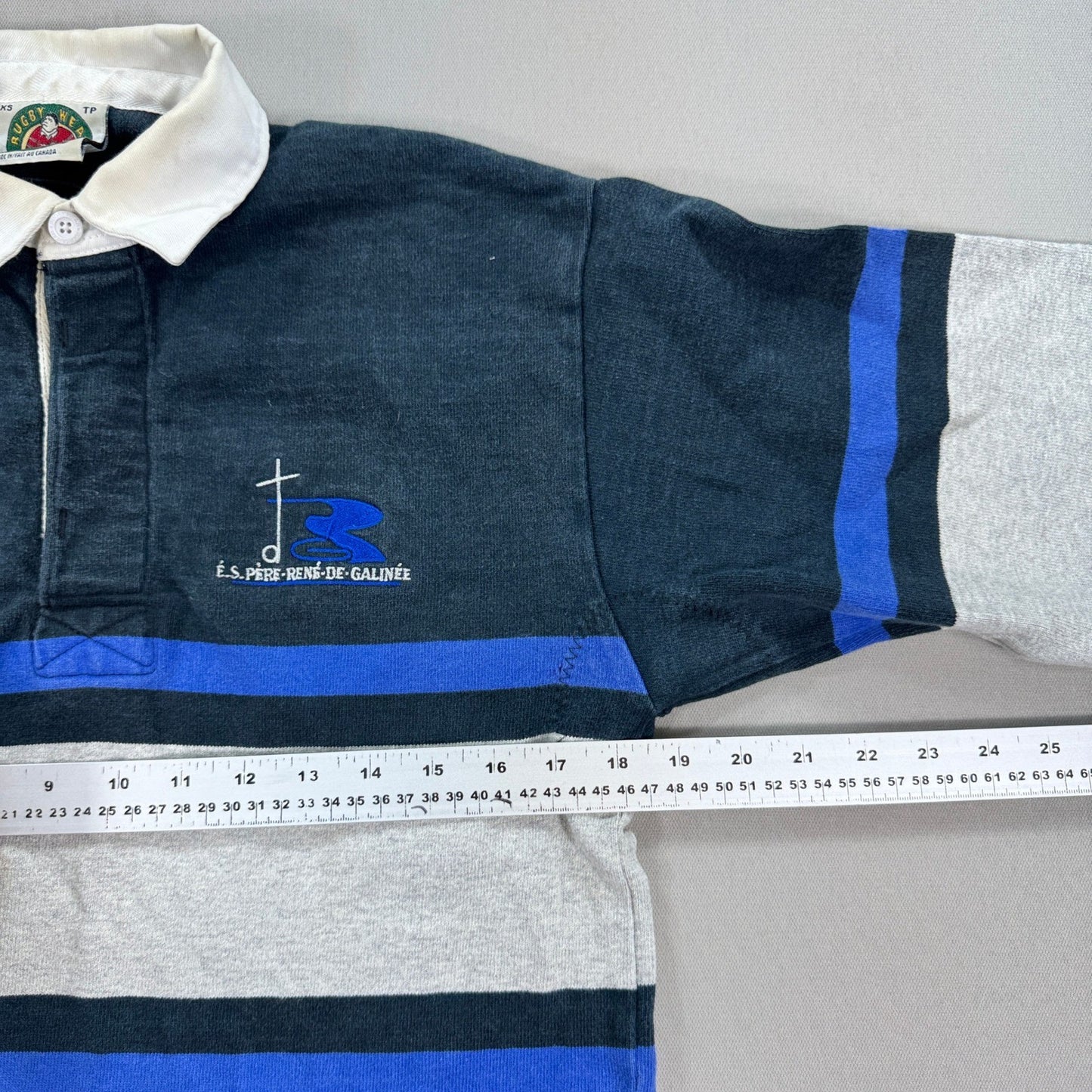 Vintage Barbarian Rugby Wear Polo Shirt Mens XS Blue White Stripe Made In Canada