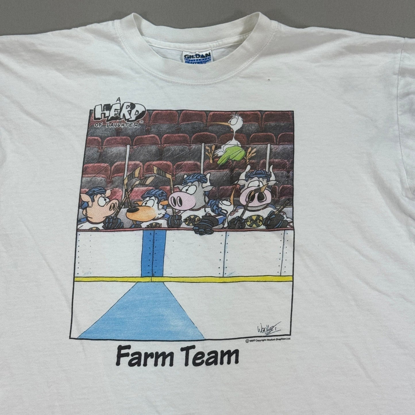 Vintage 1997 Wooket Farm Team Cartoon T-Shirt Large Made In Canada