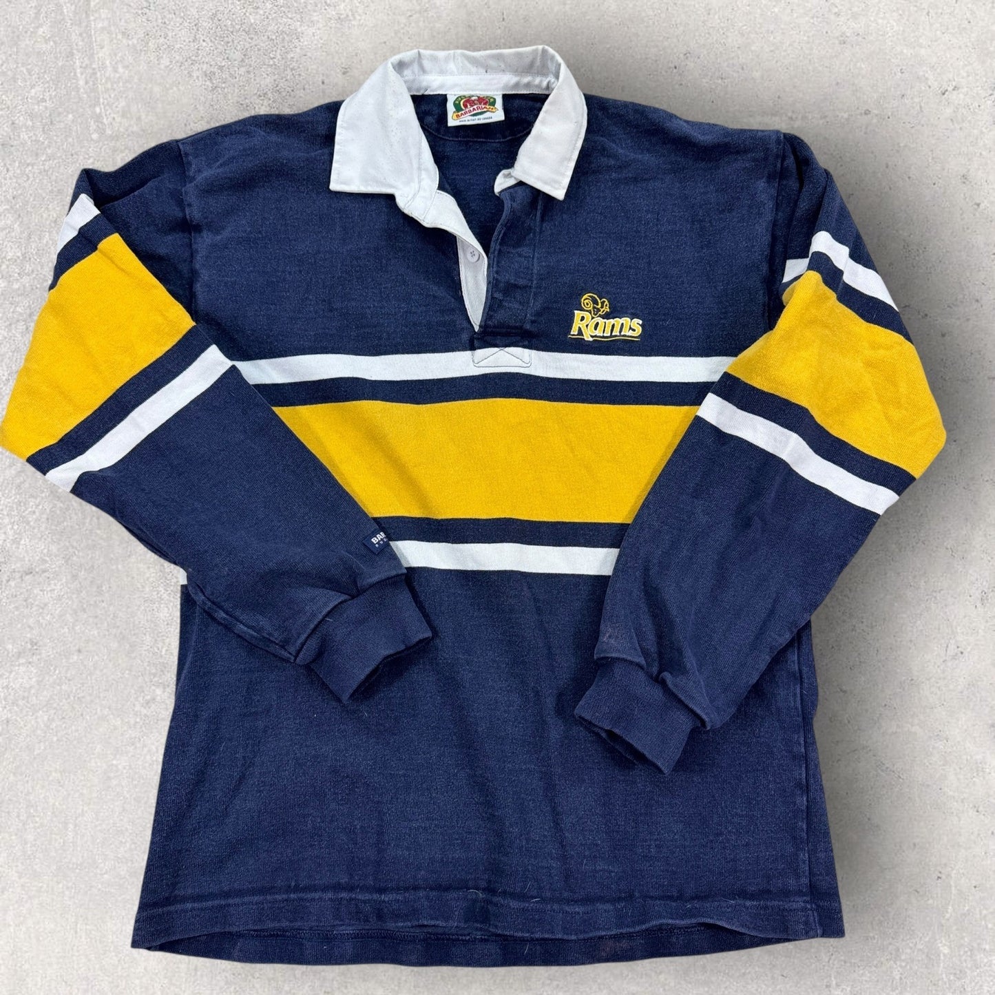 Vintage Barbarian Rugby Polo Shirt Rams NFL mens Large Blue Long Sleeve Canada