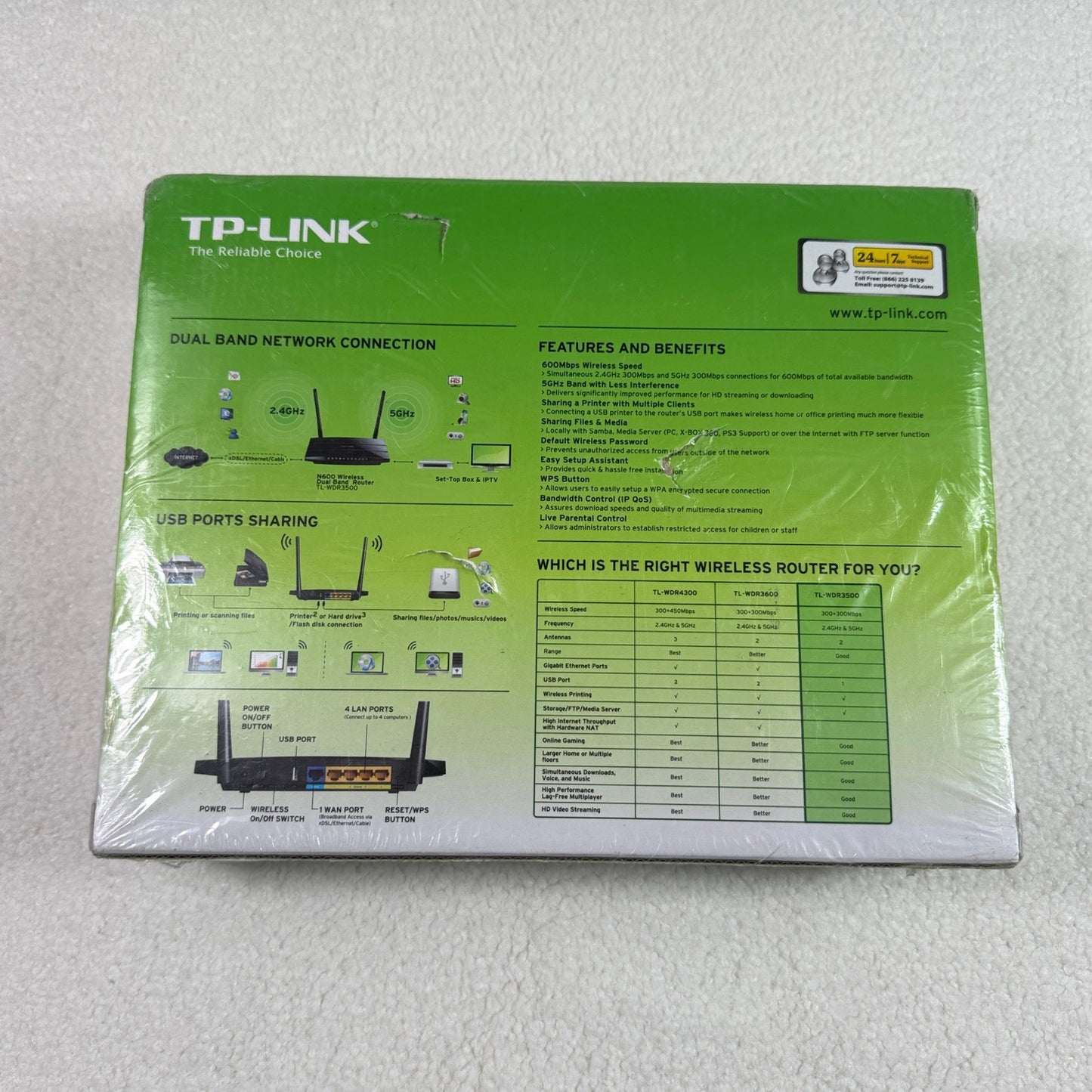 Brand New TP-Link TL-WDR3500 N600 Wireless Dual Band Router 300+300Mbps USB Port