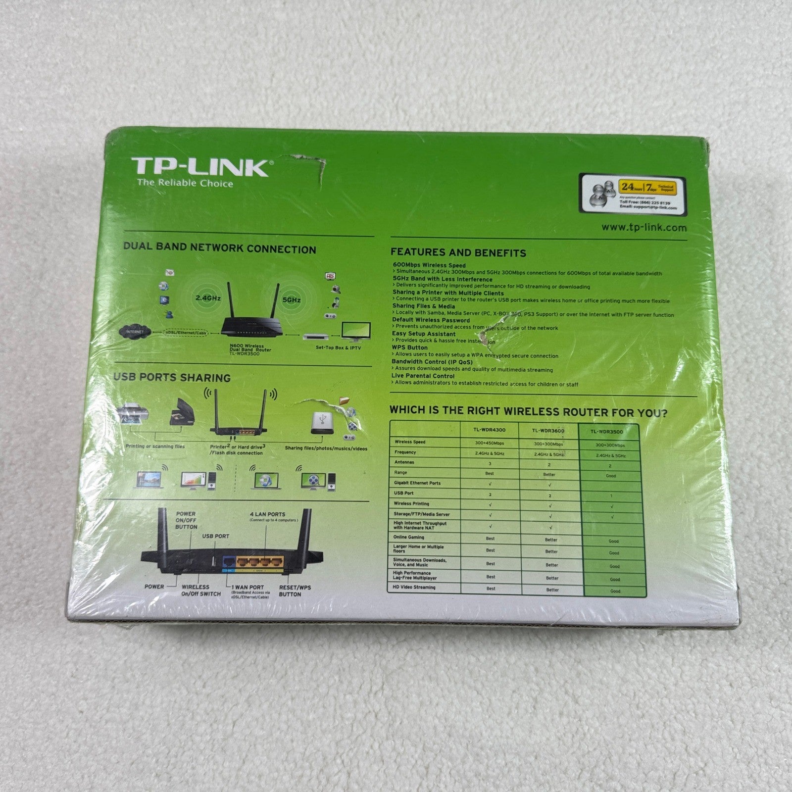 Brand New TP-Link TL-WDR3500 N600 Wireless Dual Band Router 300+300Mbps USB Port