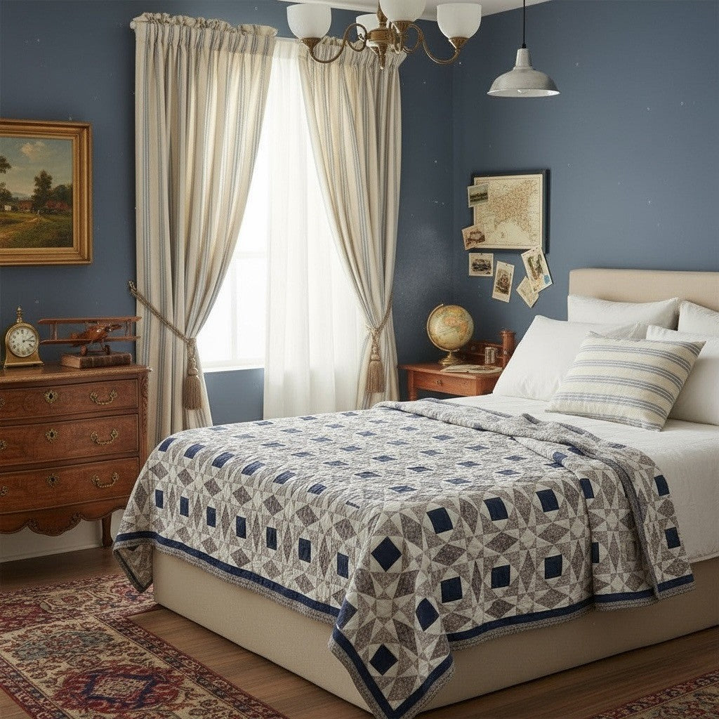 Vintage Handmade Quilt Geometric Blanket Blue White Cottage 81x81