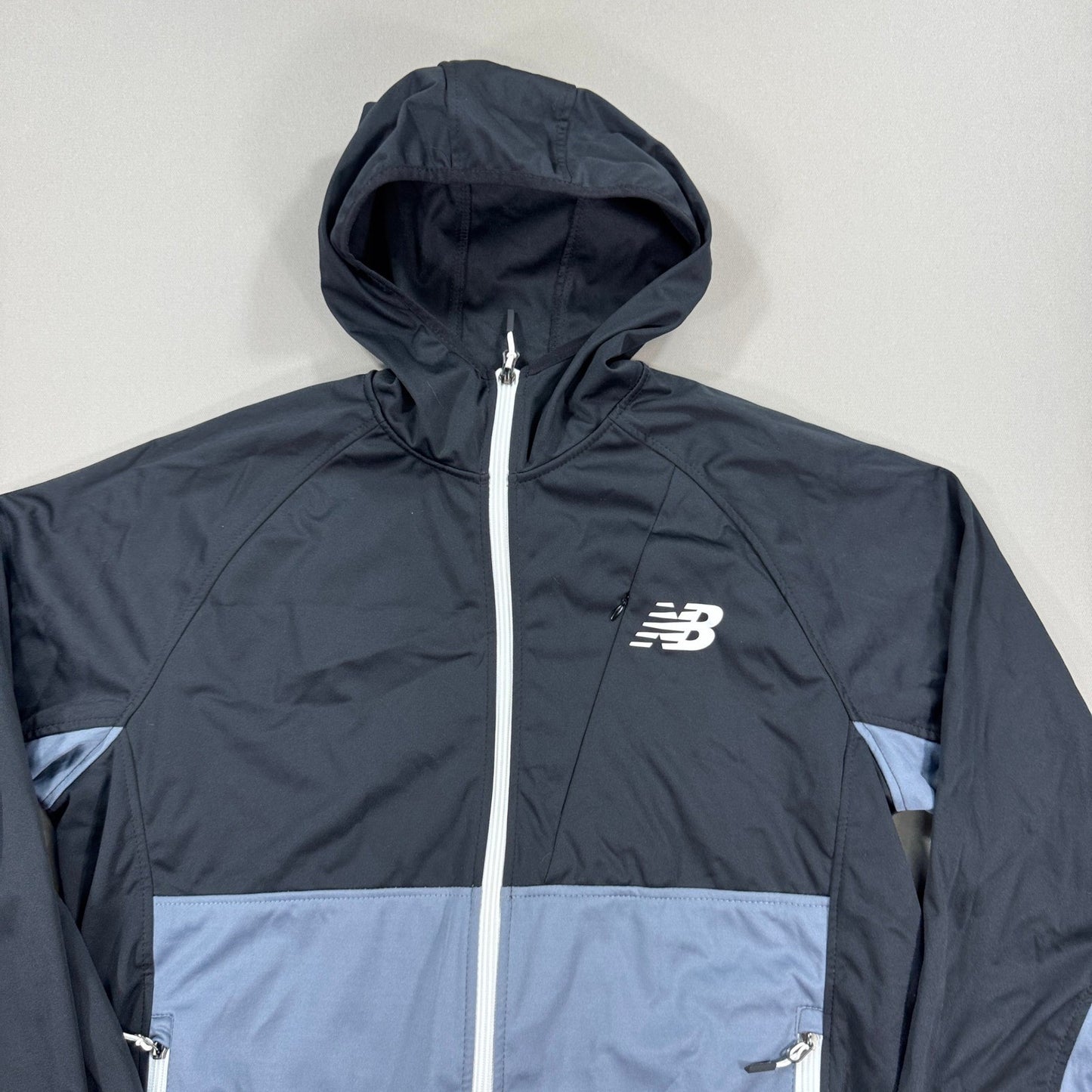 New Balance Windbreaker Jacket mens Large Black Blue Full Zip Mesh Lined Hooded